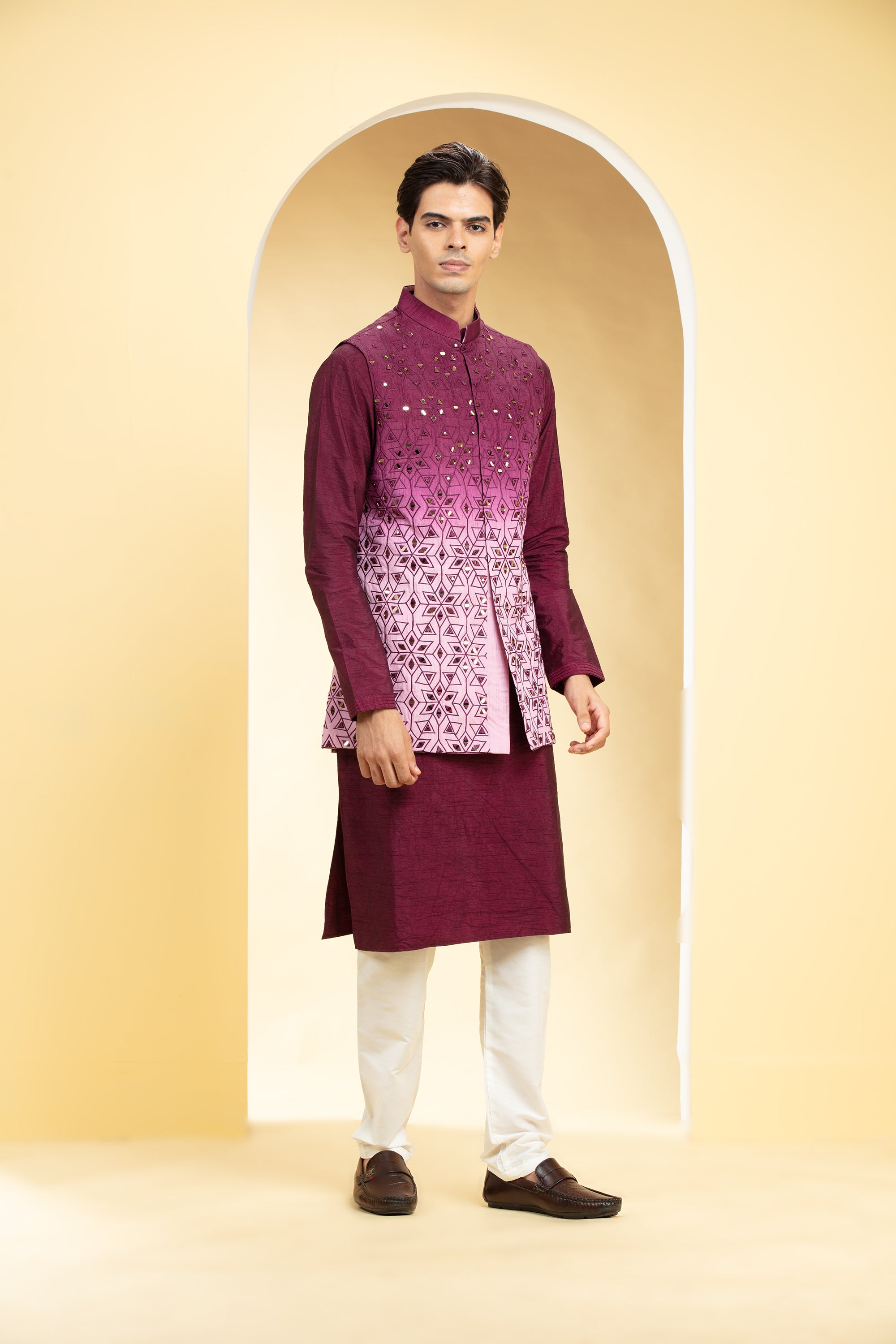 Wine Red Ombre Jacket kurta set with mirror placement