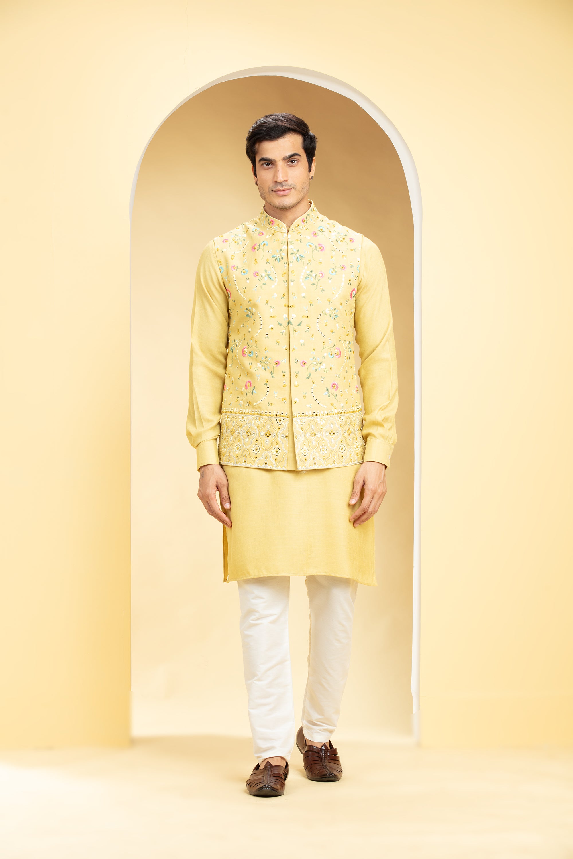 Light Mustard Yellow Jacket kurta set with floral and mirror embroidery