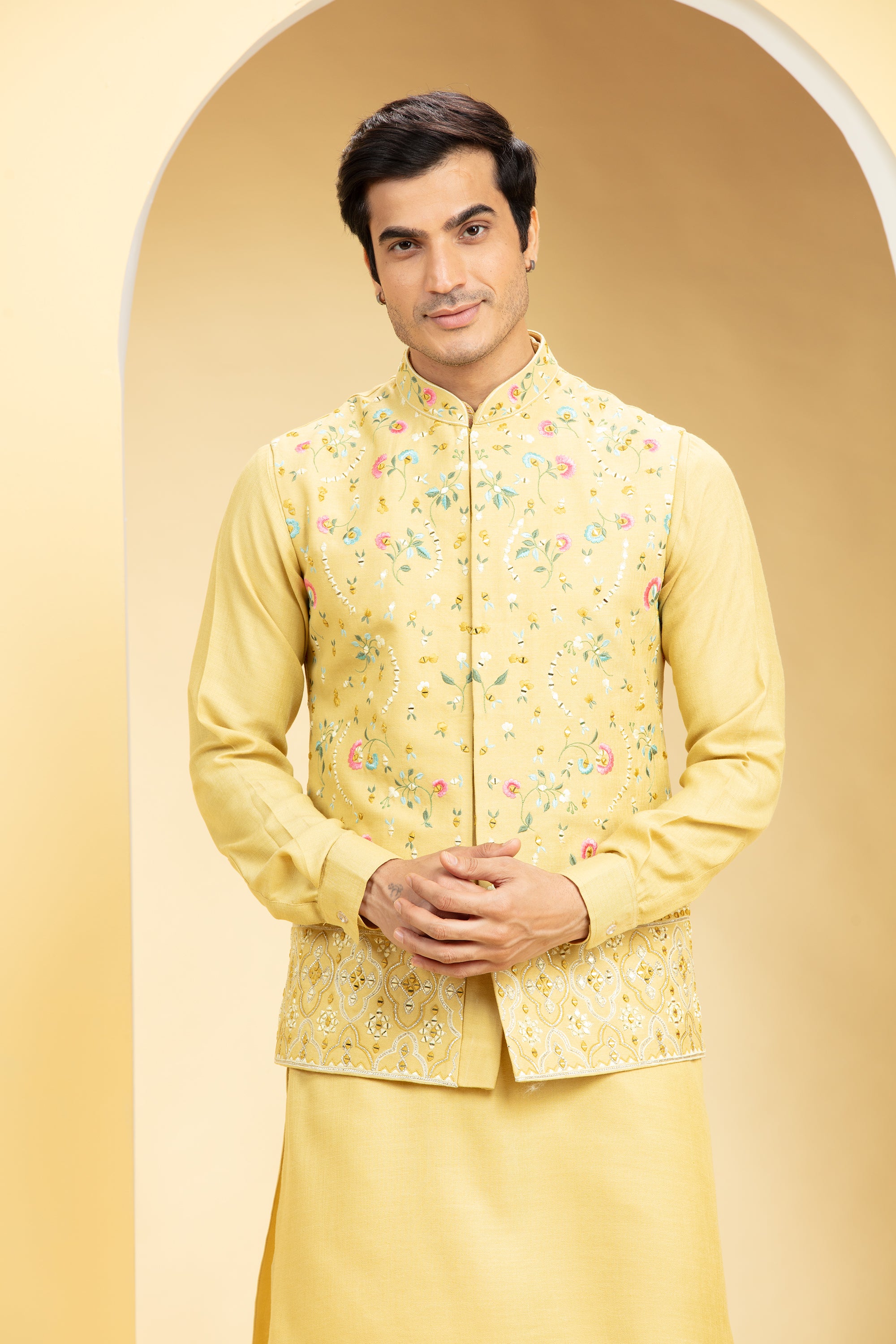 Light Mustard Yellow Jacket kurta set with floral and mirror embroidery