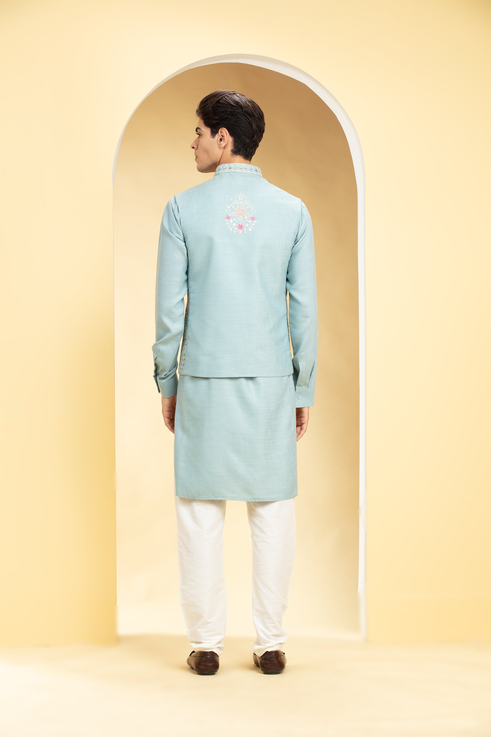 Sky Blue Banarasi Silk Kurta Pajama With Jacket 278273