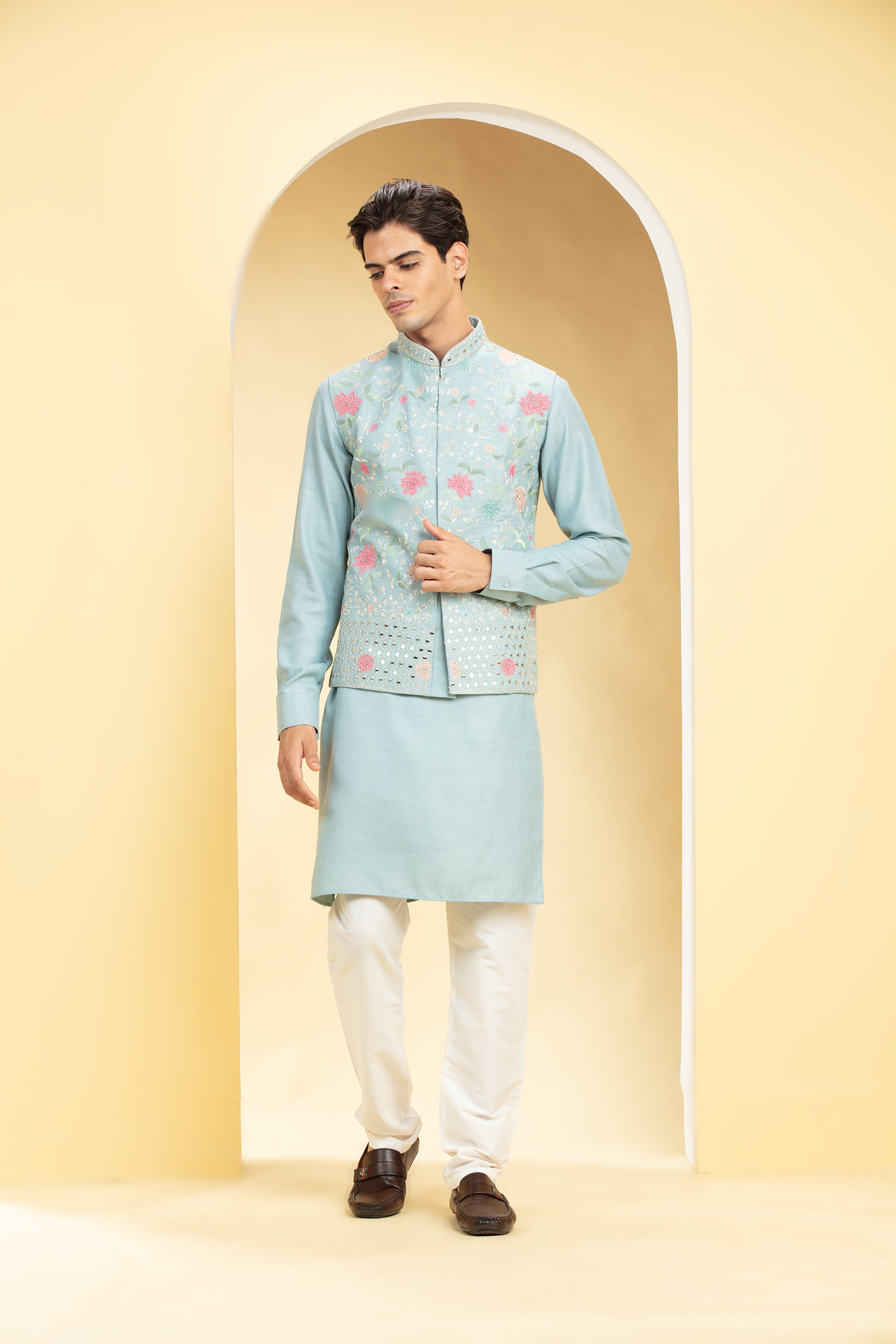 Baby Blue Jacket kurta set with floral and mirror embroidery