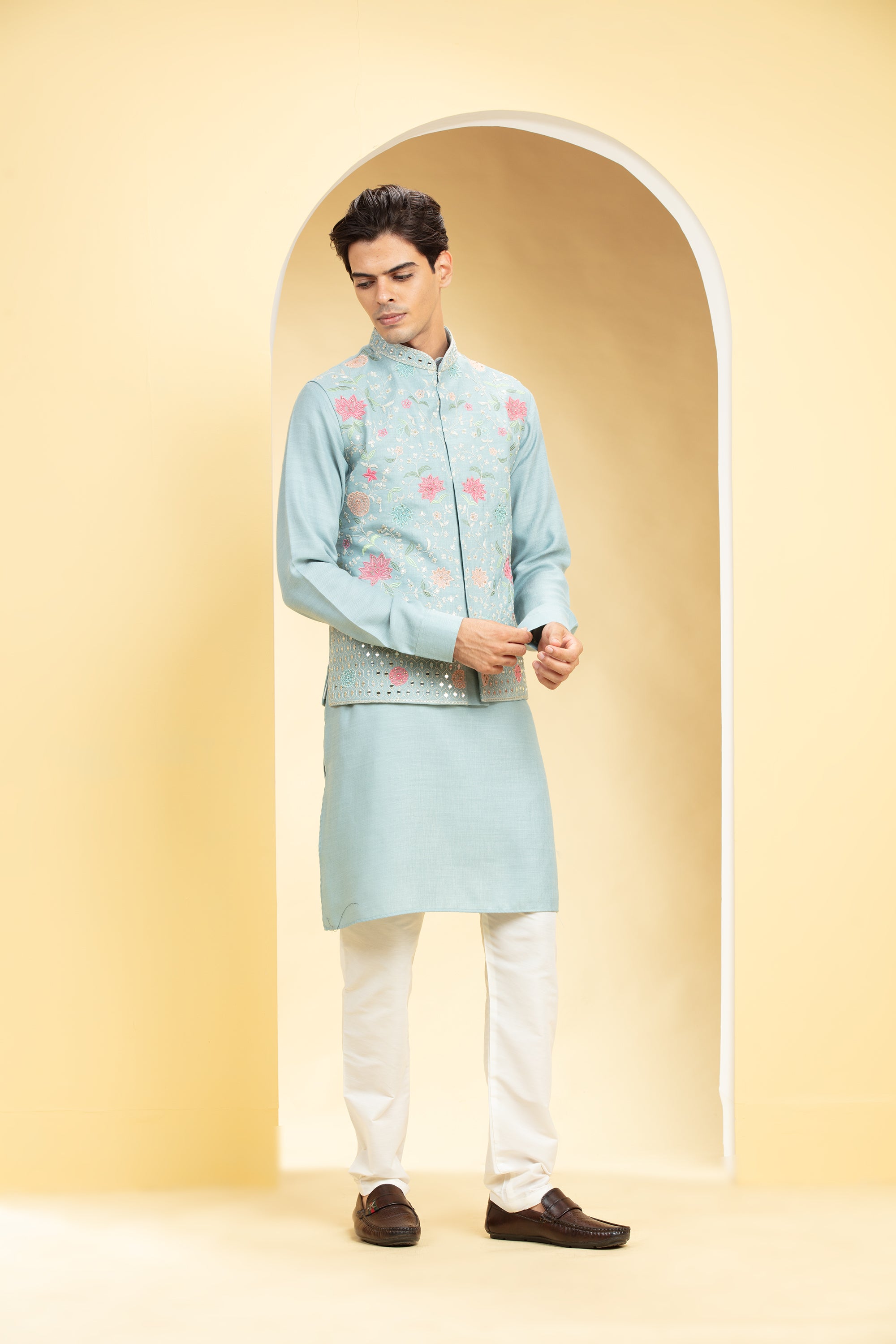 Navy Blue Pure Art Silk Kurta Pyjama with Jacket