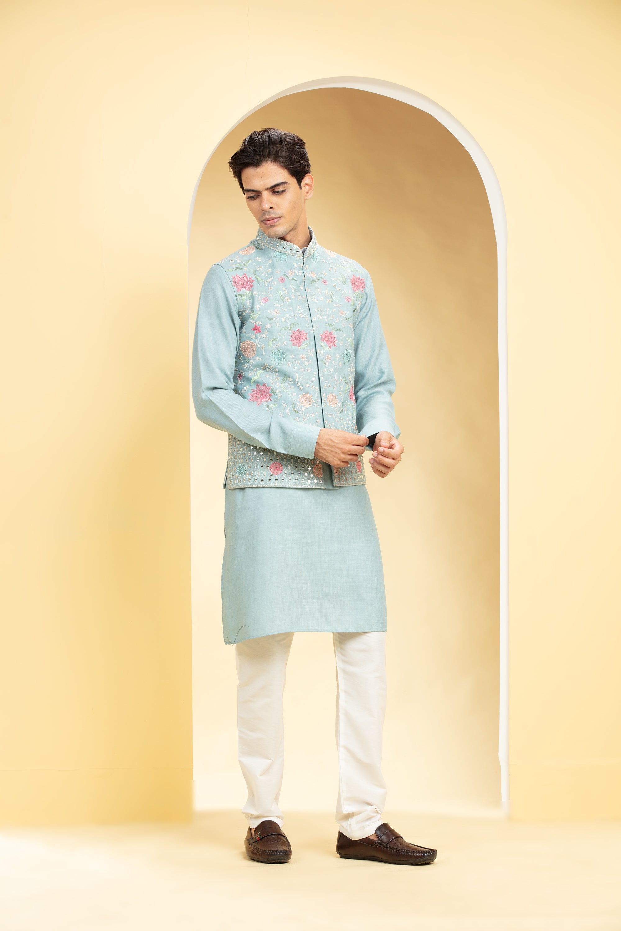 Baby Blue Jacket kurta set with floral and mirror embroidery