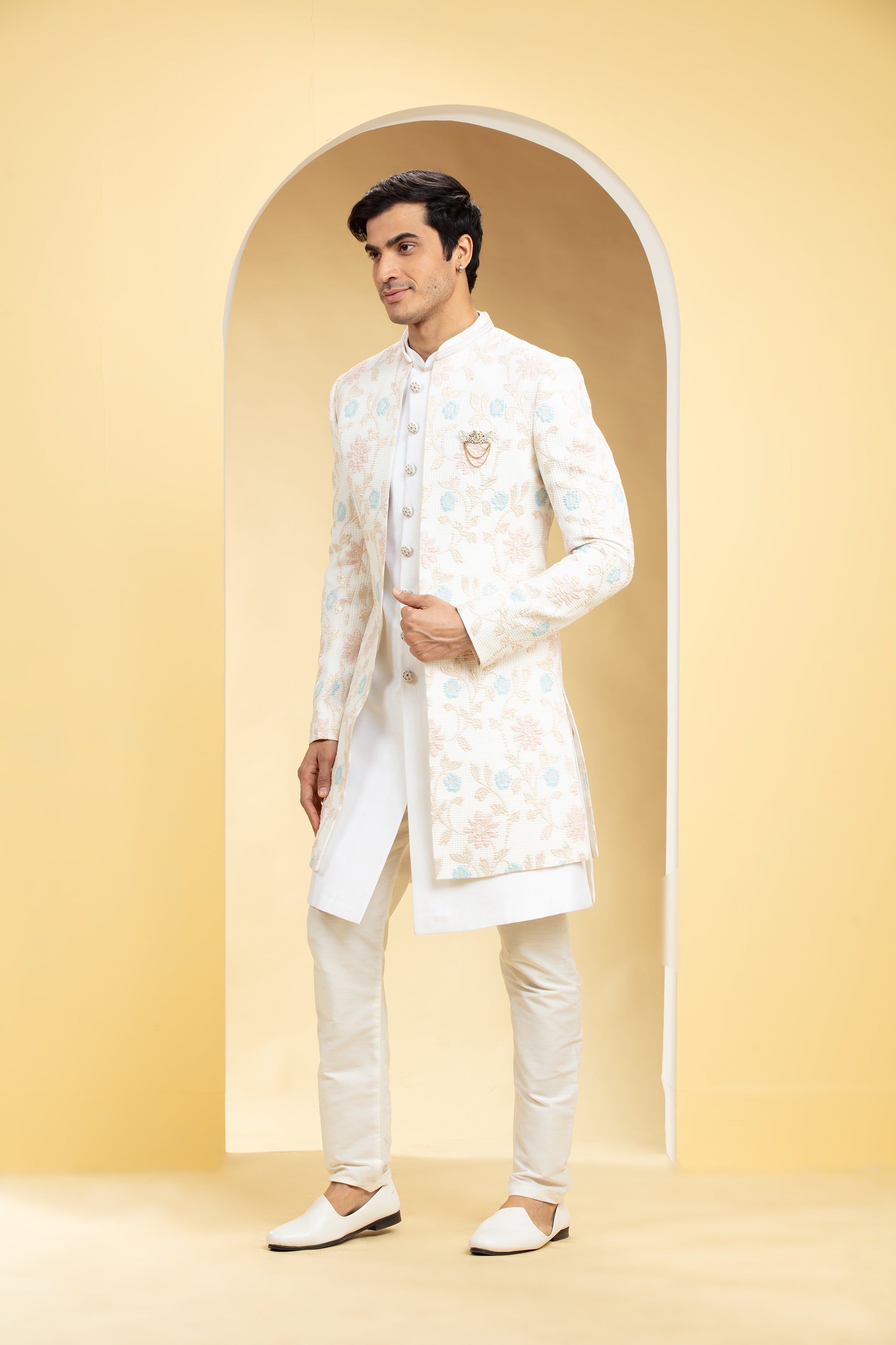 Multicoloured Open Indo western printed lucknowi set with embellishments