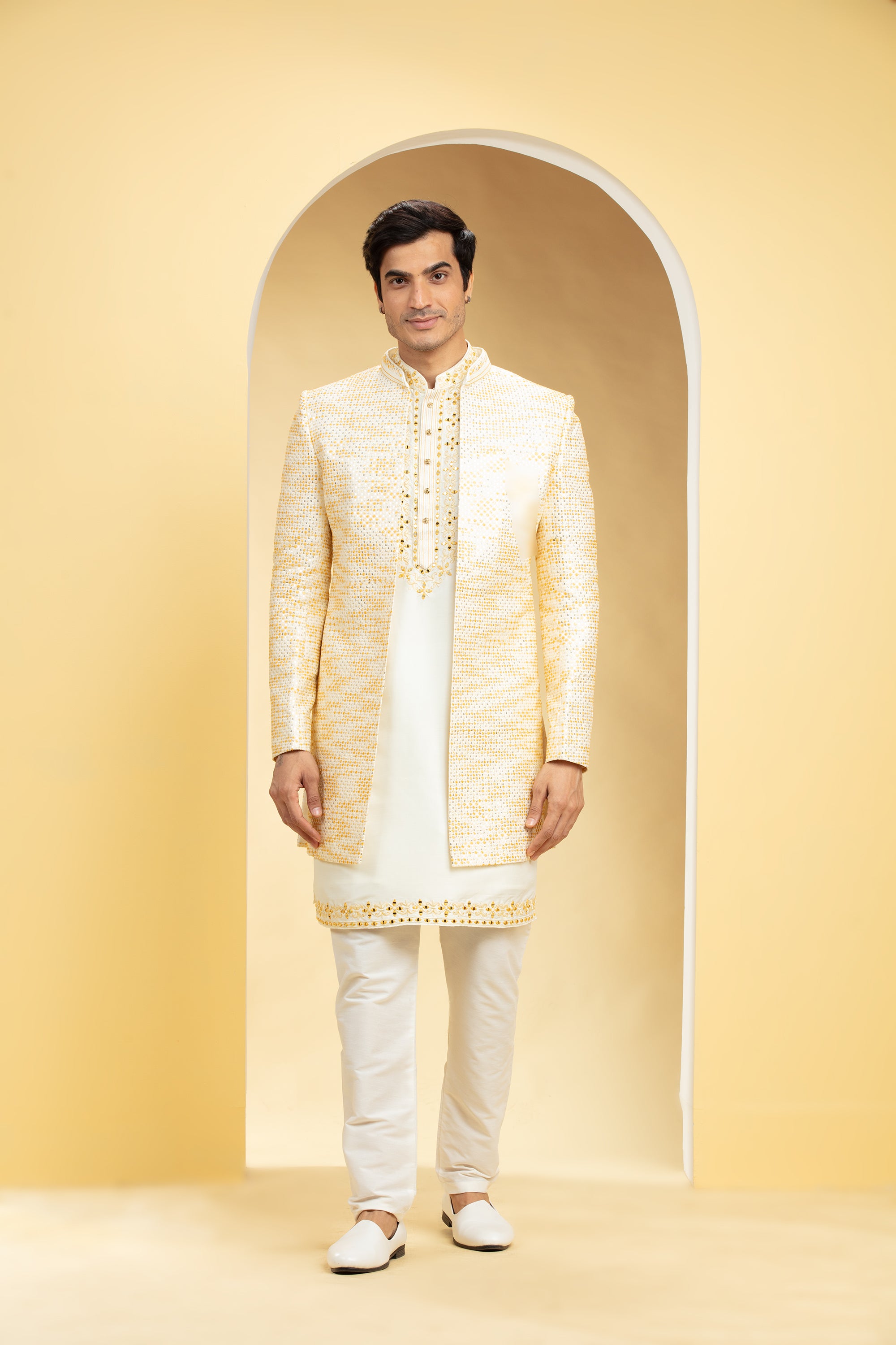 Champagne Yellow Open Indo western with Resham work