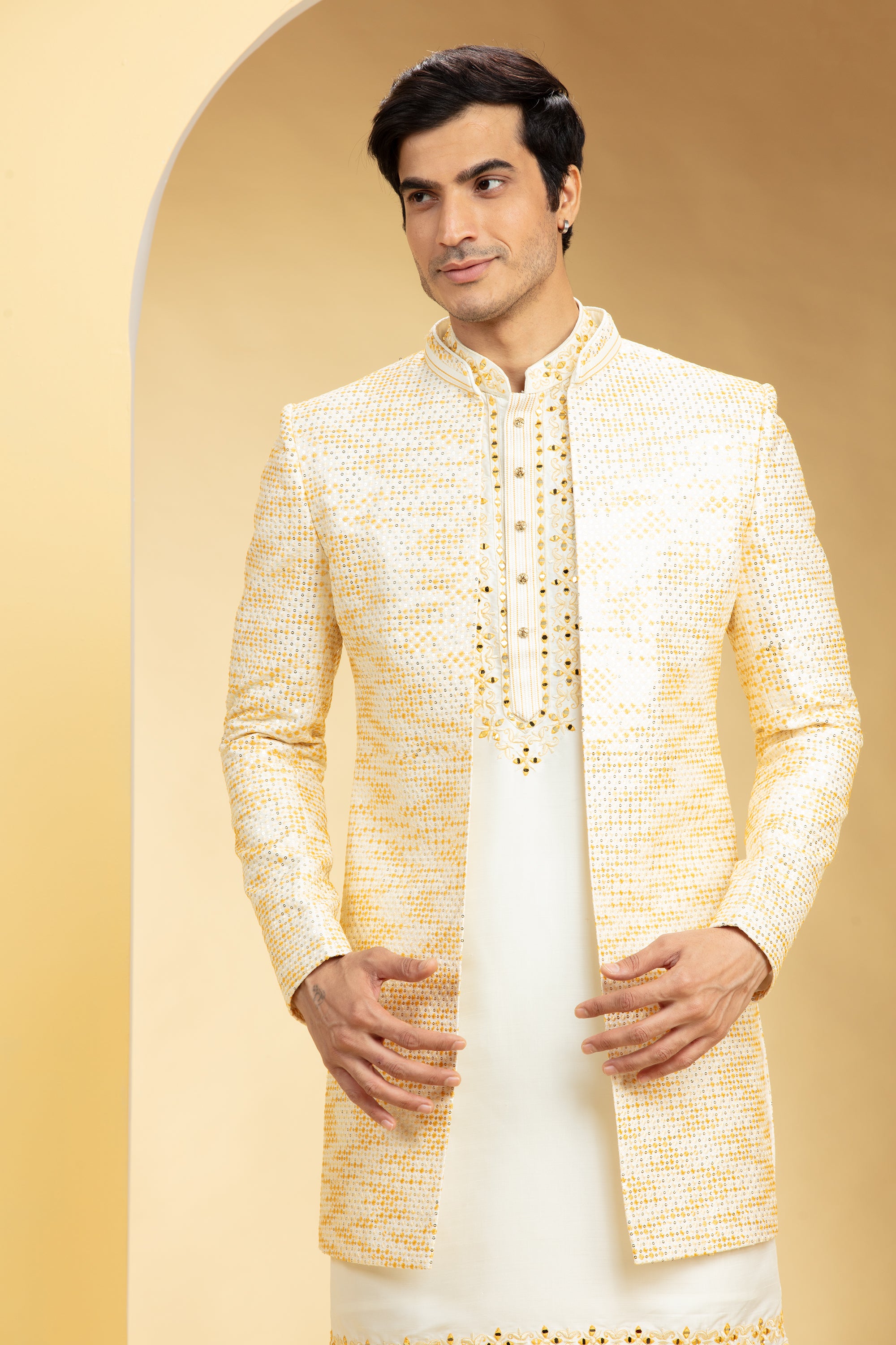 Champagne Yellow Open Indo western with Resham work