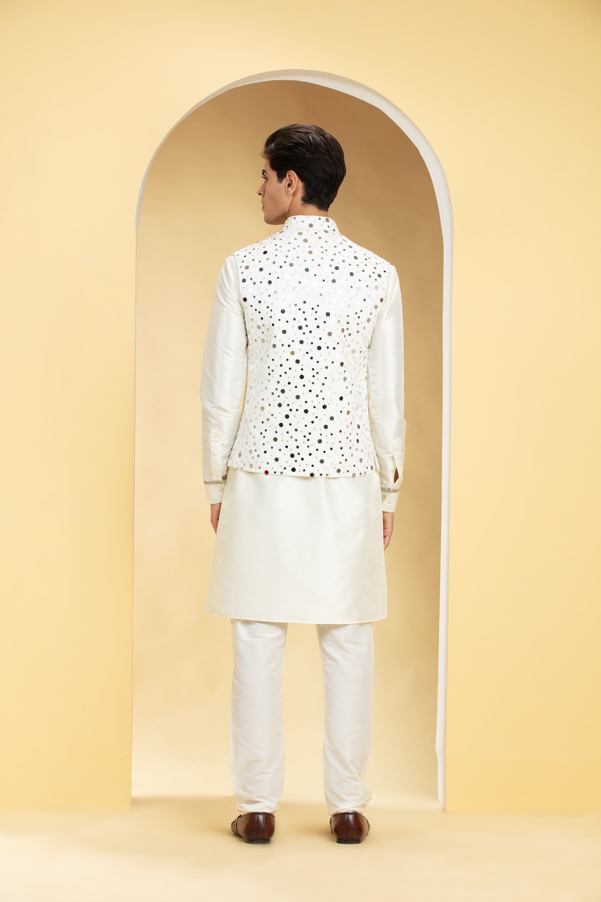 Pearl White kurta Jacket Set with mirror placement