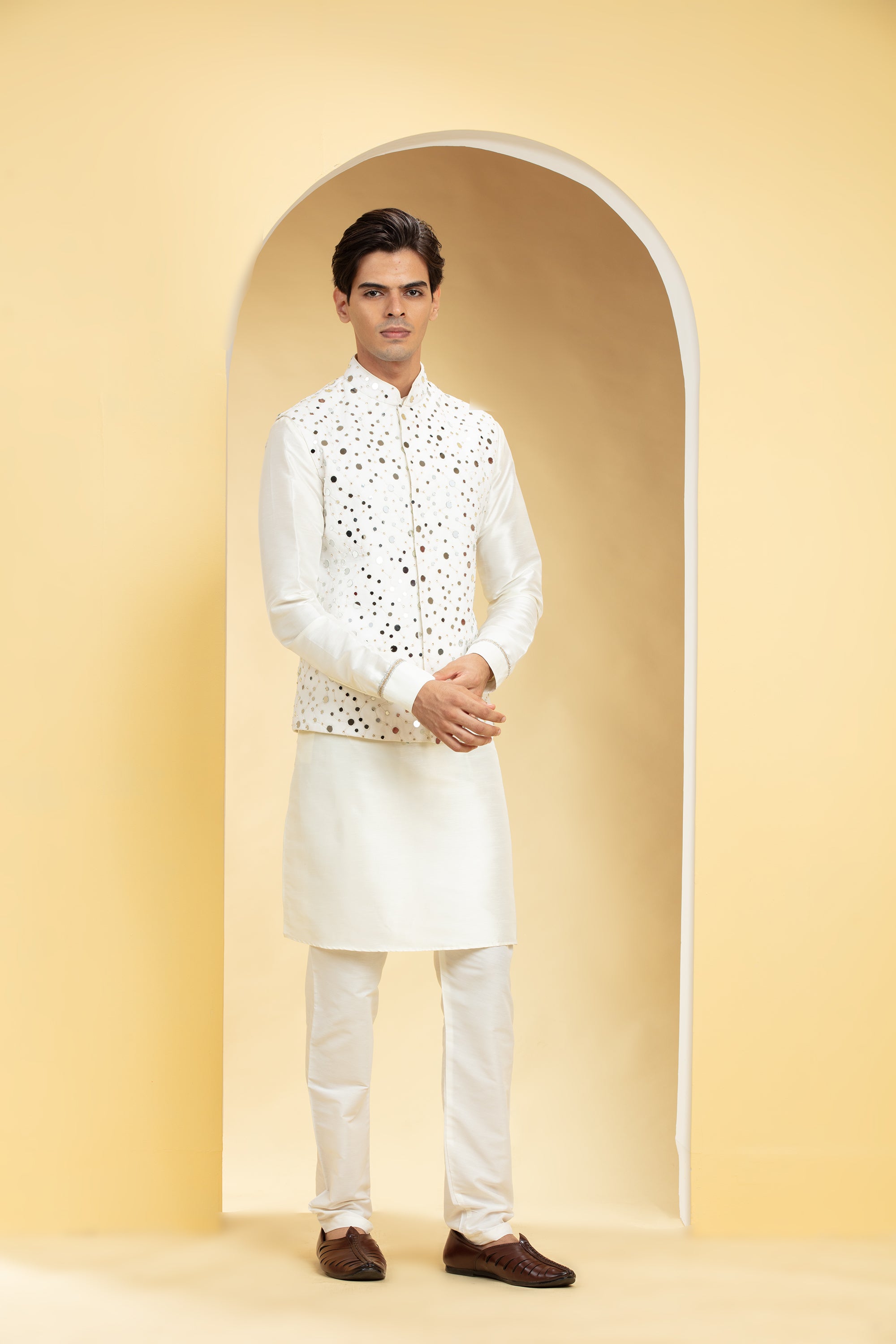 Pearl White kurta Jacket Set with mirror placement
