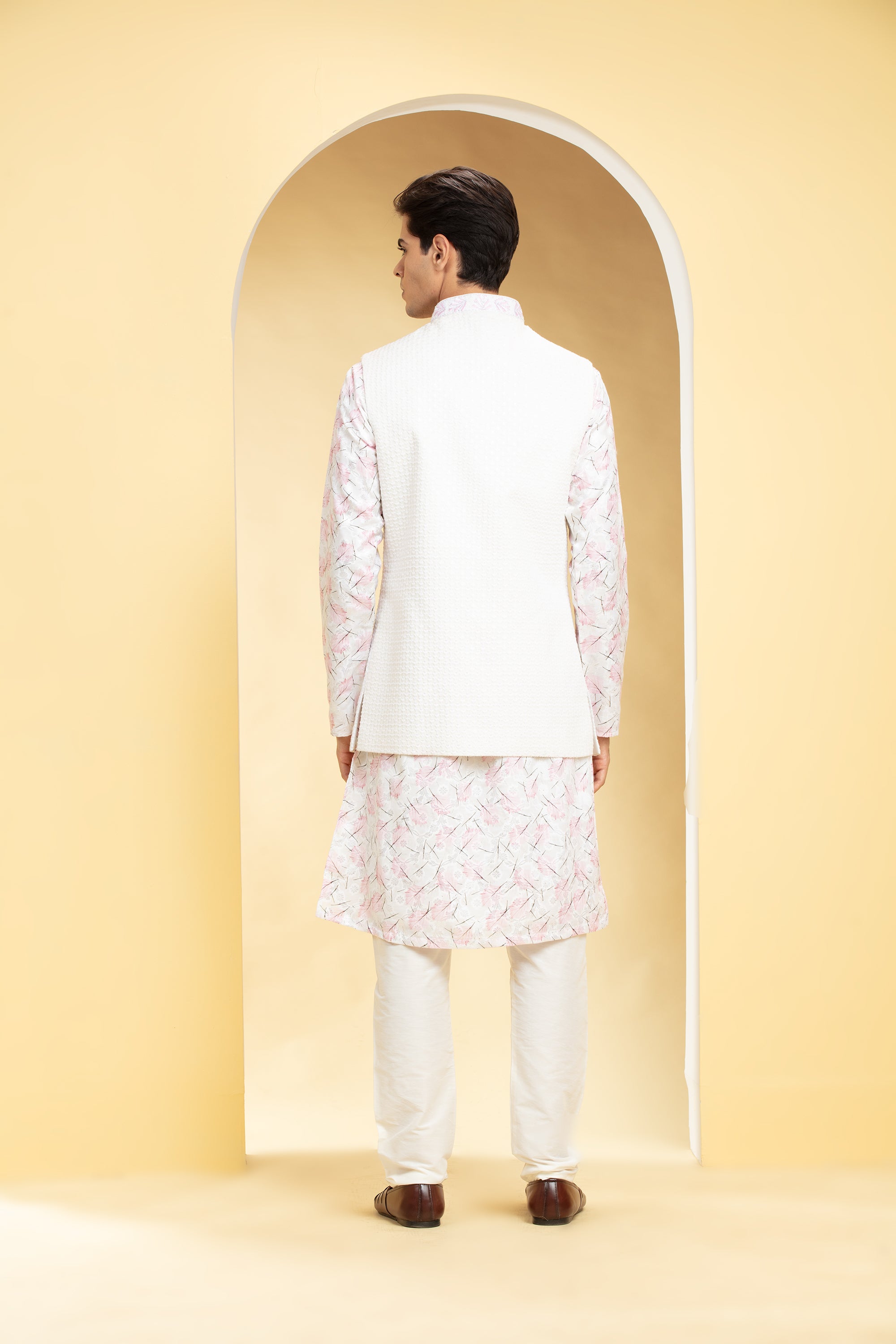 Powder White Lucknowi kurta Jacket Set with Embellishments