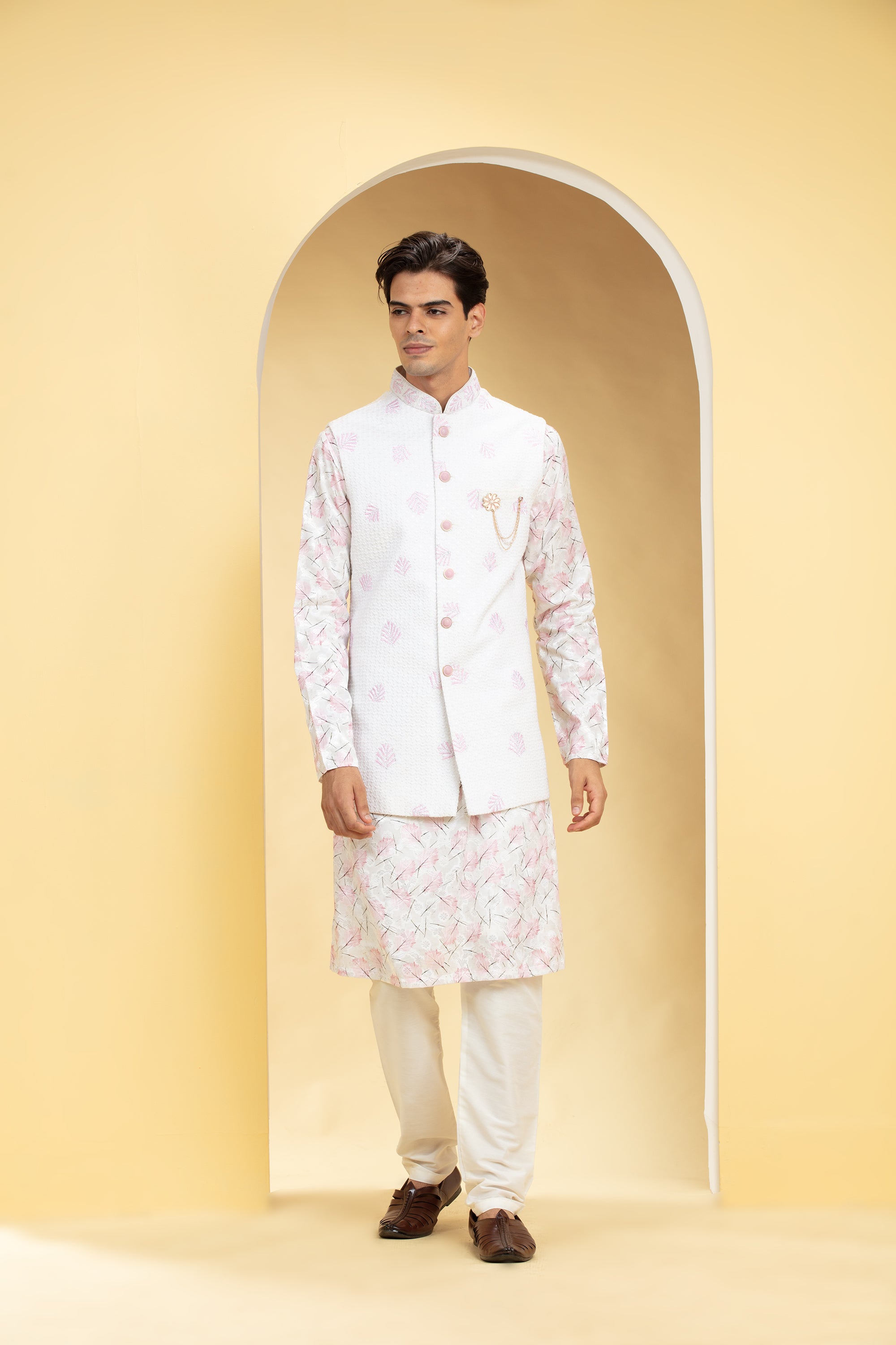 Buy Pearl White Kurta Jacket With Printed Motifs Online in India @Manyavar  - Kurta Pajama for Men