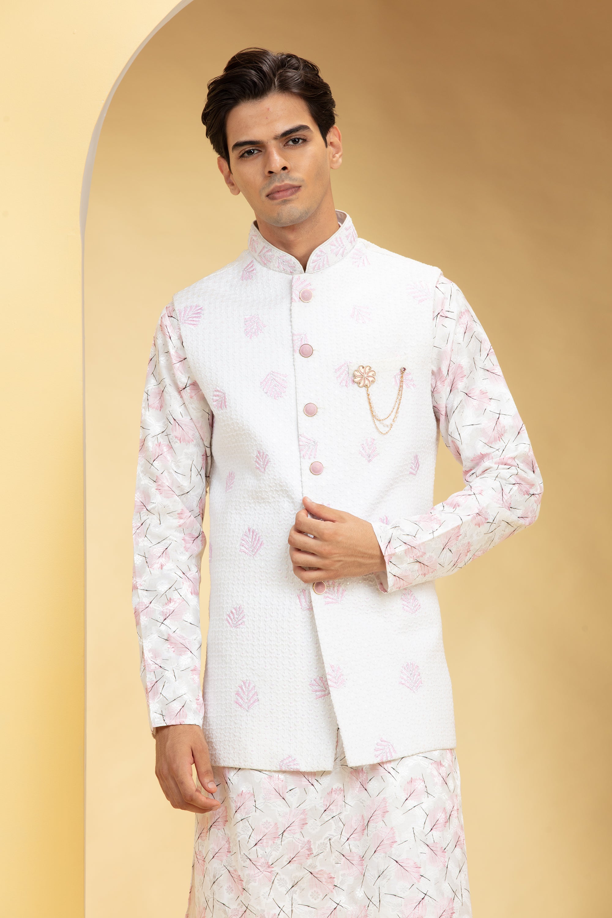 Powder White Lucknowi kurta Jacket Set with Embellishments
