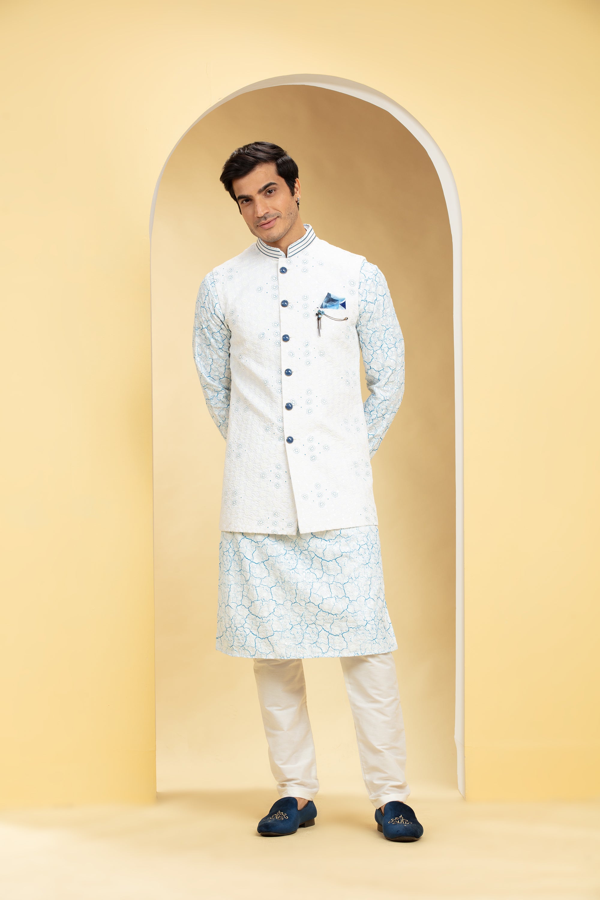 Ice Blue Blue Lucknowi kurta Jacket Set with Embellishments