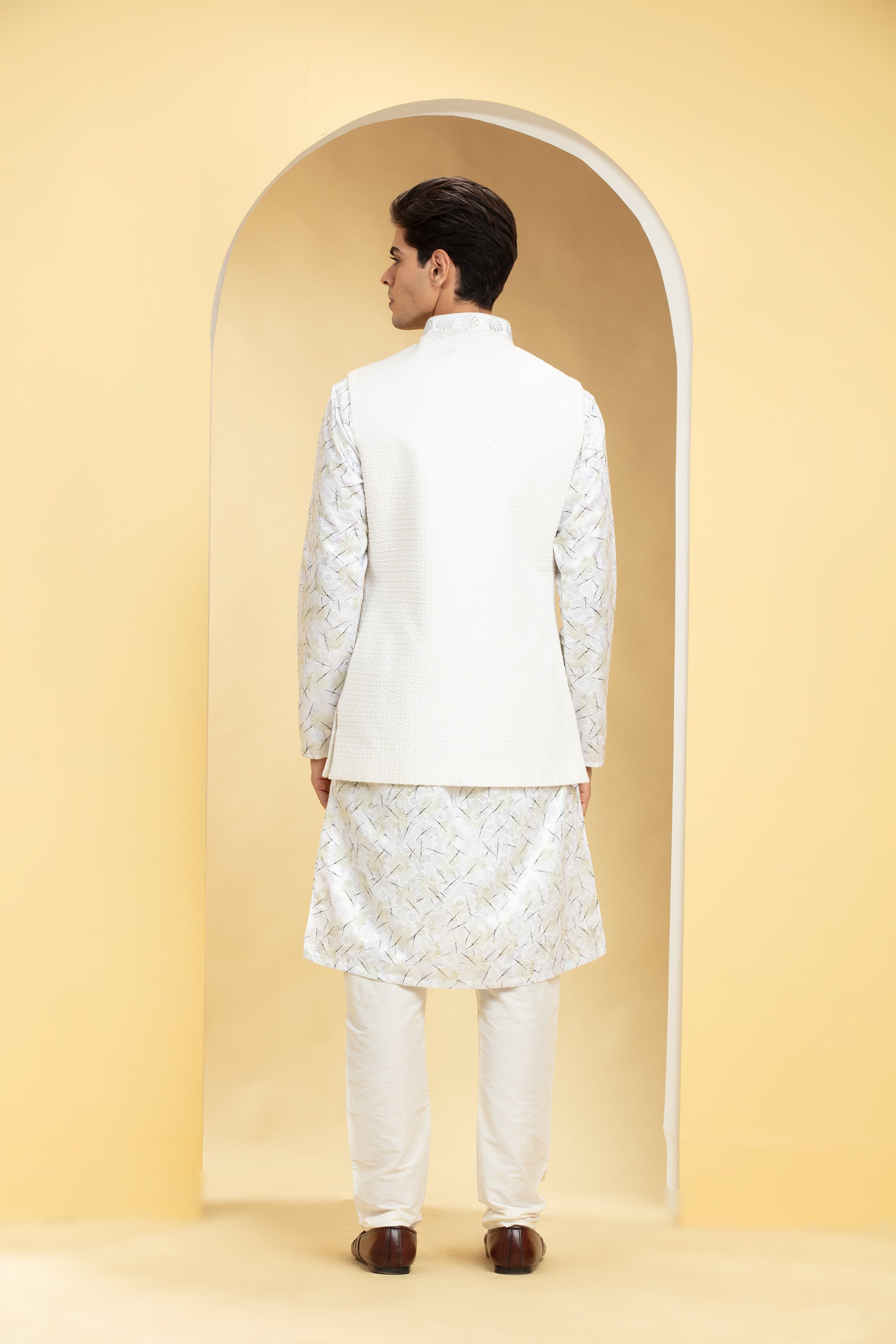 Pearl White Lucknowi kurta Jacket Set with Embellishments