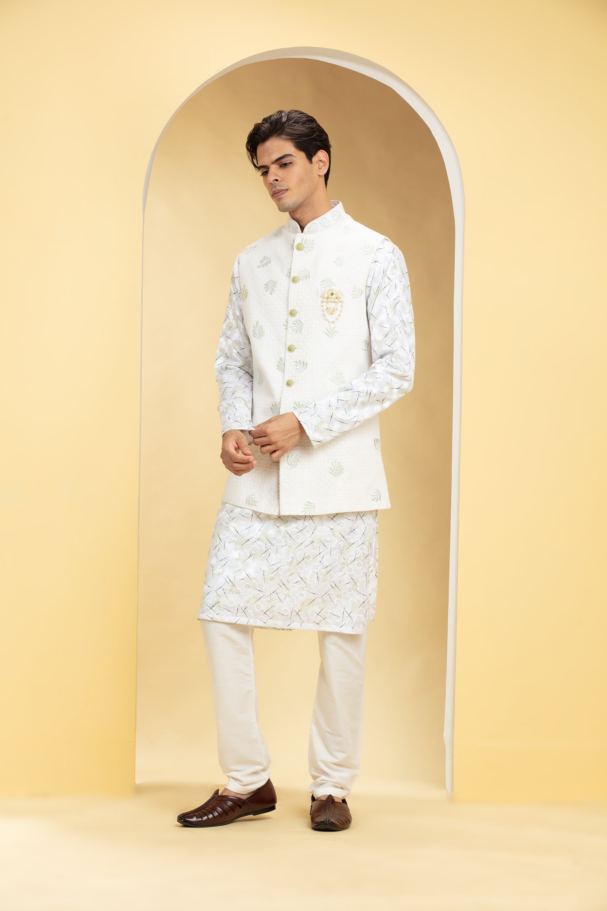 Pearl White Lucknowi kurta Jacket Set with Embellishments