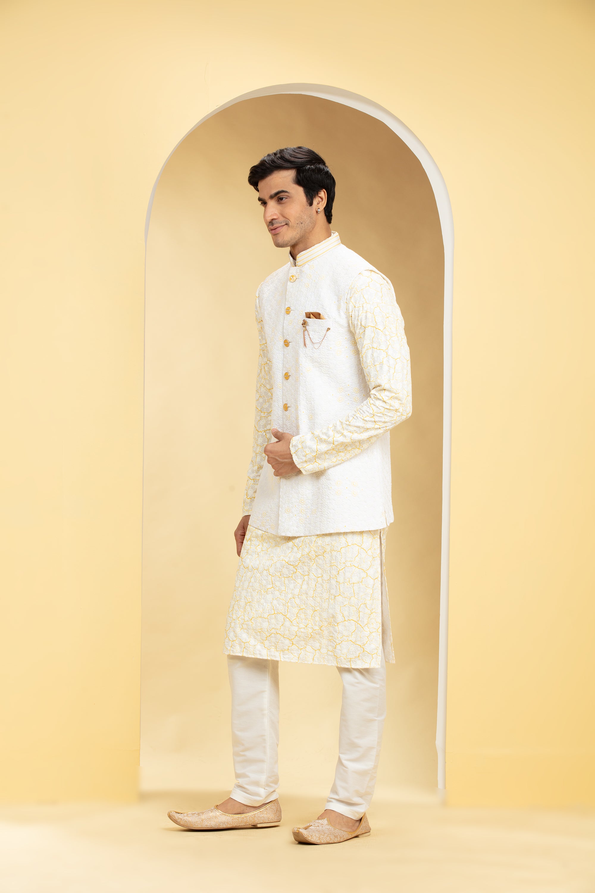 Pearl White and pastel yellow Lucknowi kurta Jacket Set with Embellishments