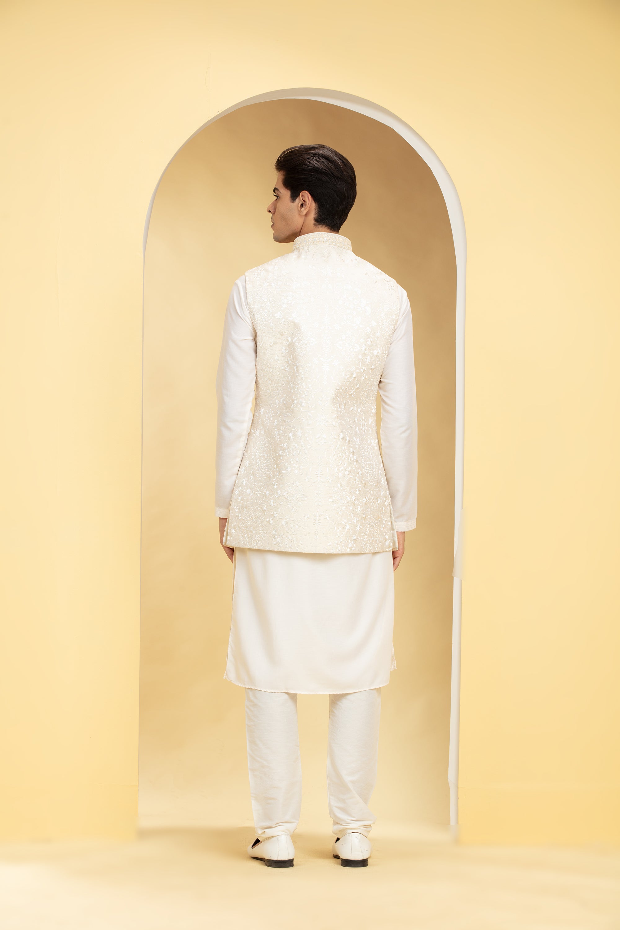 Eggshell White Lucknowi jacket set with self handwork