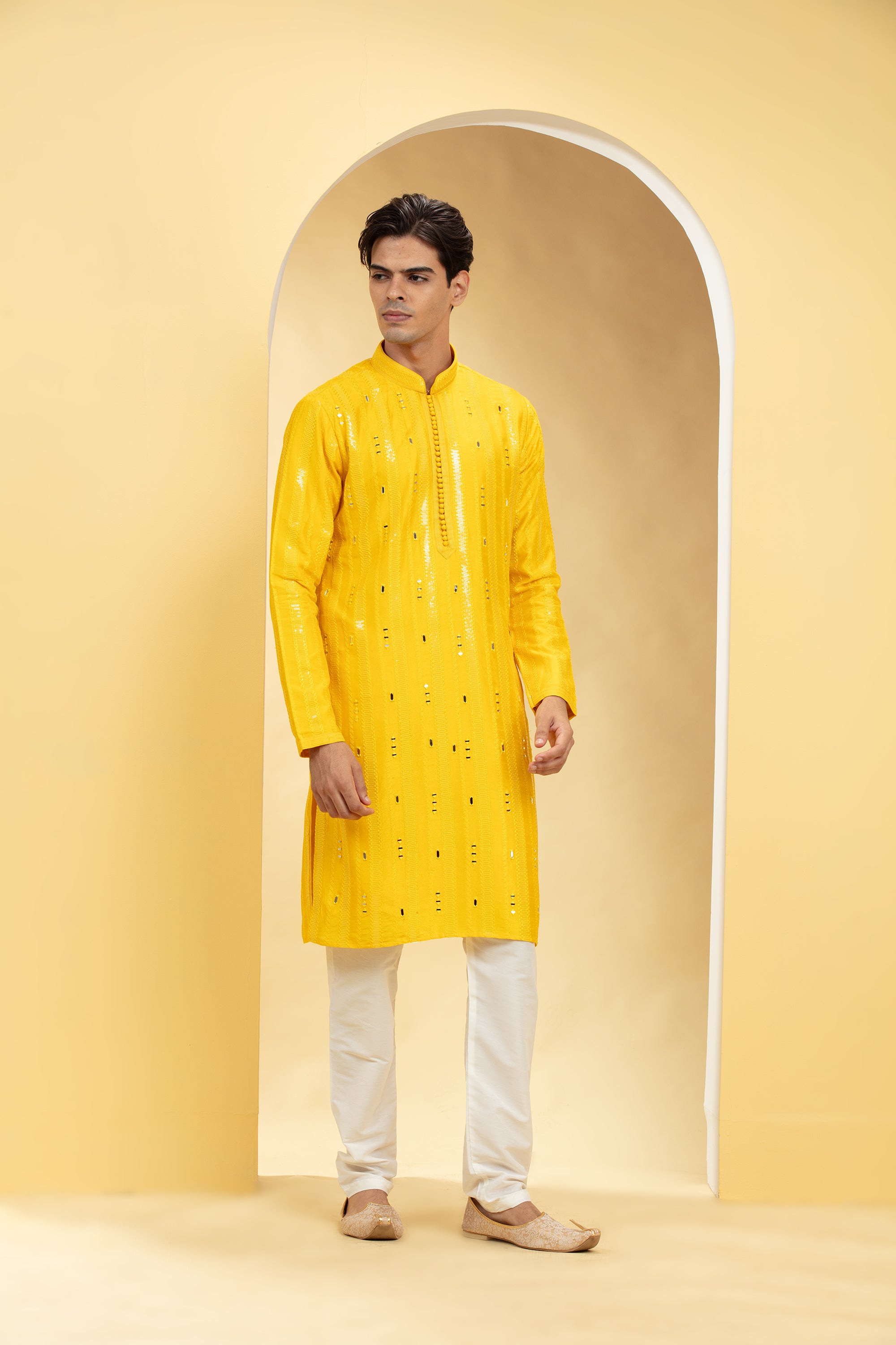 Sun glow Yellow Lucknowi kurta pajama set with mirror work