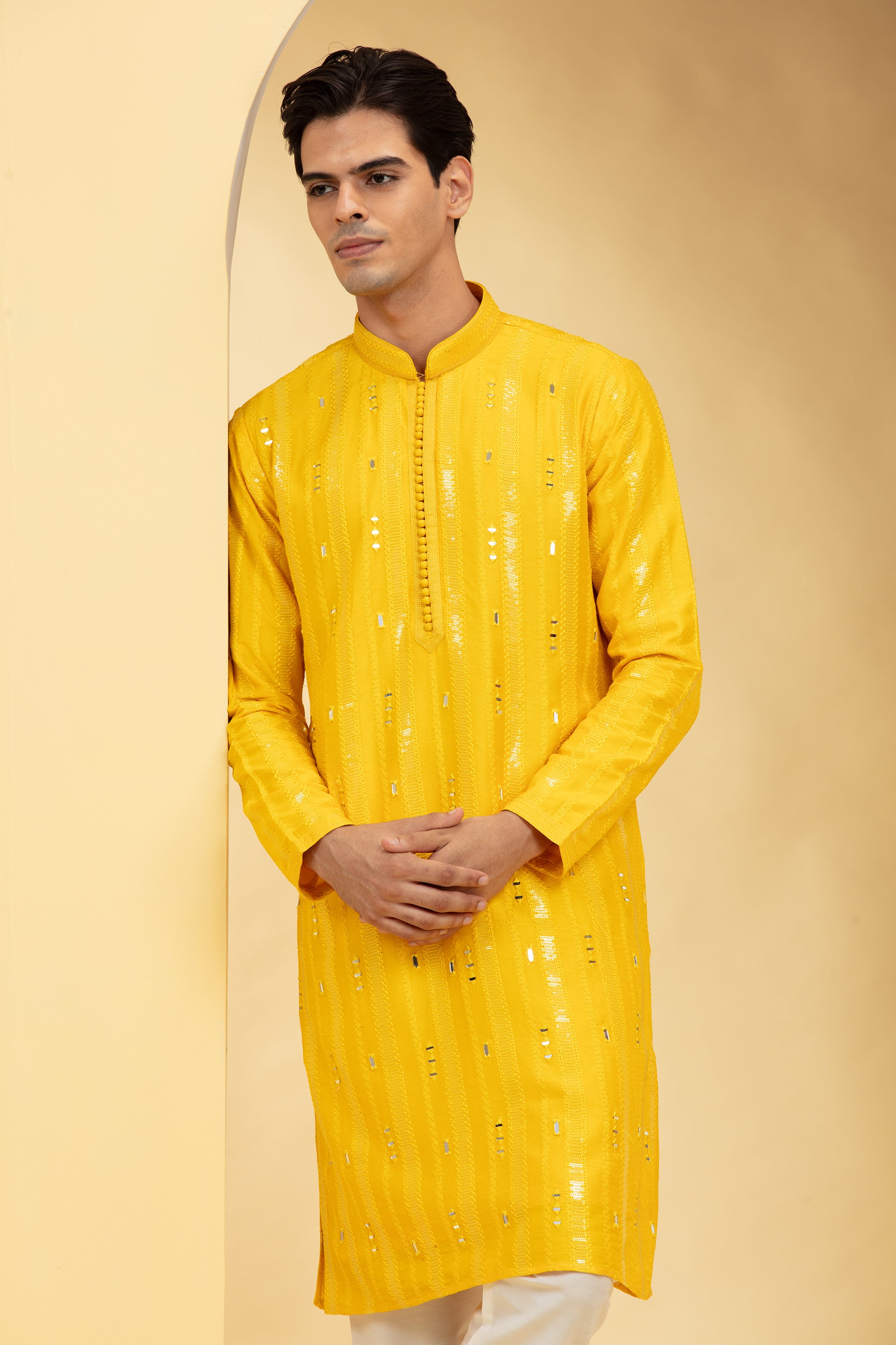 Sun glow Yellow Lucknowi kurta pajama set with mirror work