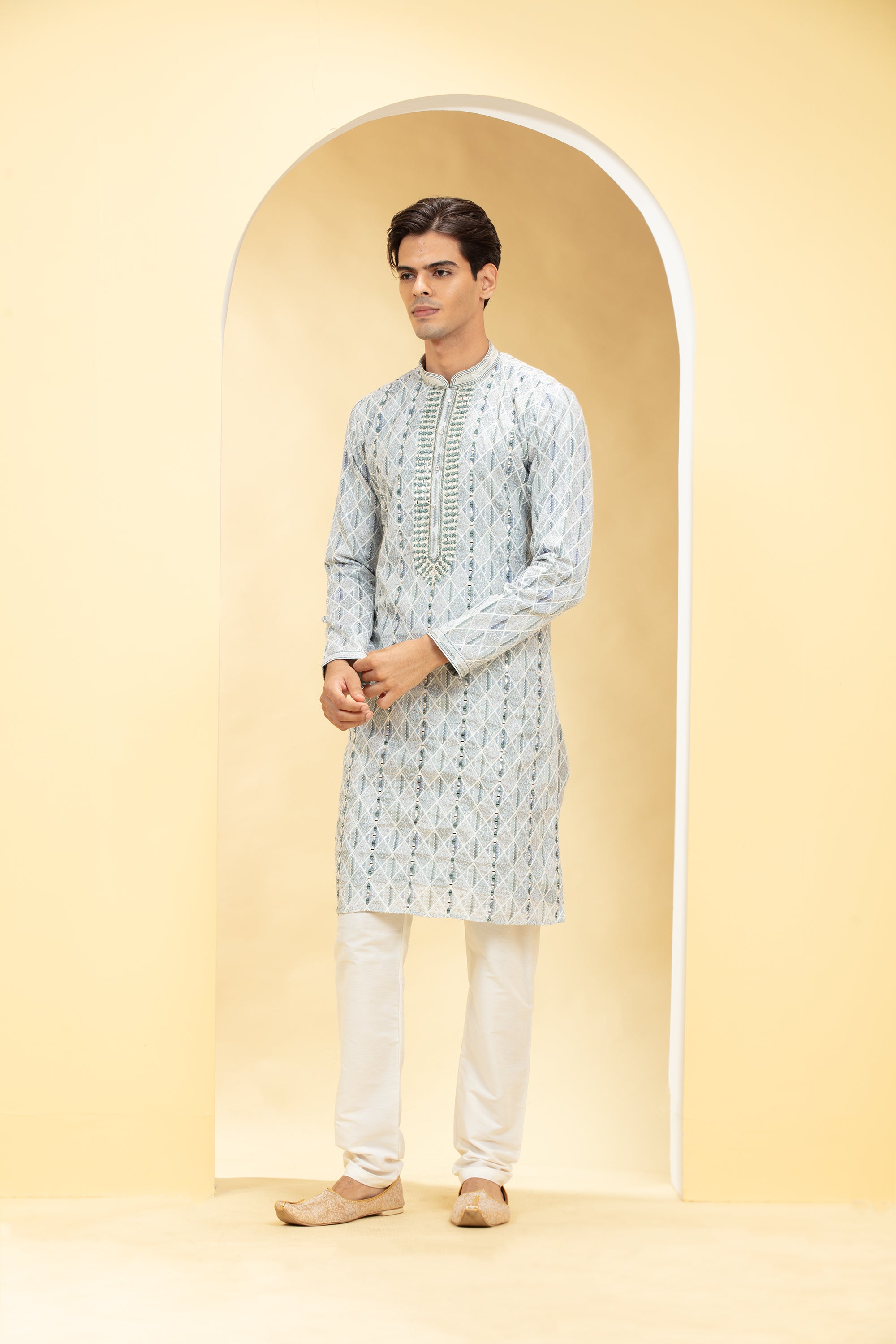 Silver Grey kurta pajama Set with Lucknowi mirror work