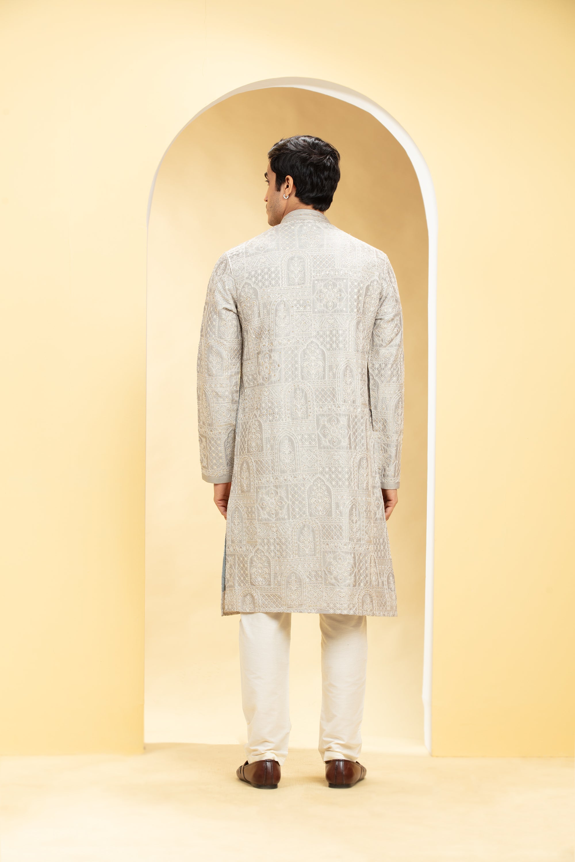 Wheatish Silver kurta pajama set with self thread work