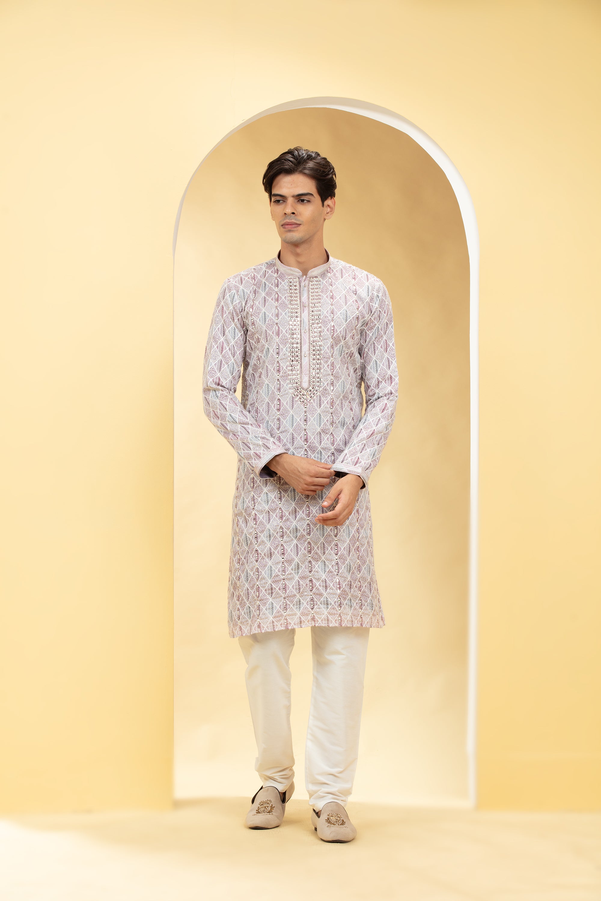Multicoloured Lucknowi kurta pajama Set with Resham and Thread work