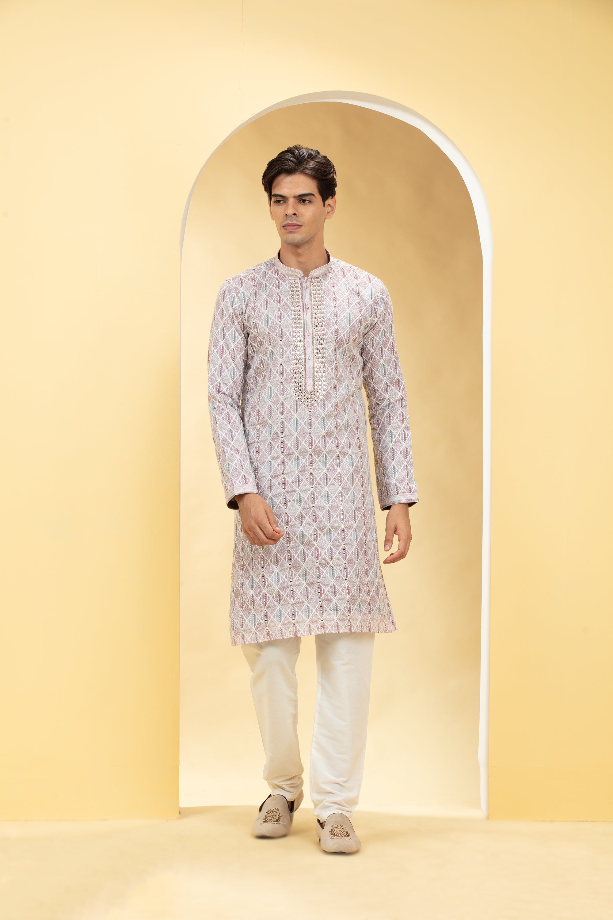 Multicoloured Lucknowi kurta pajama Set with Resham and Thread work