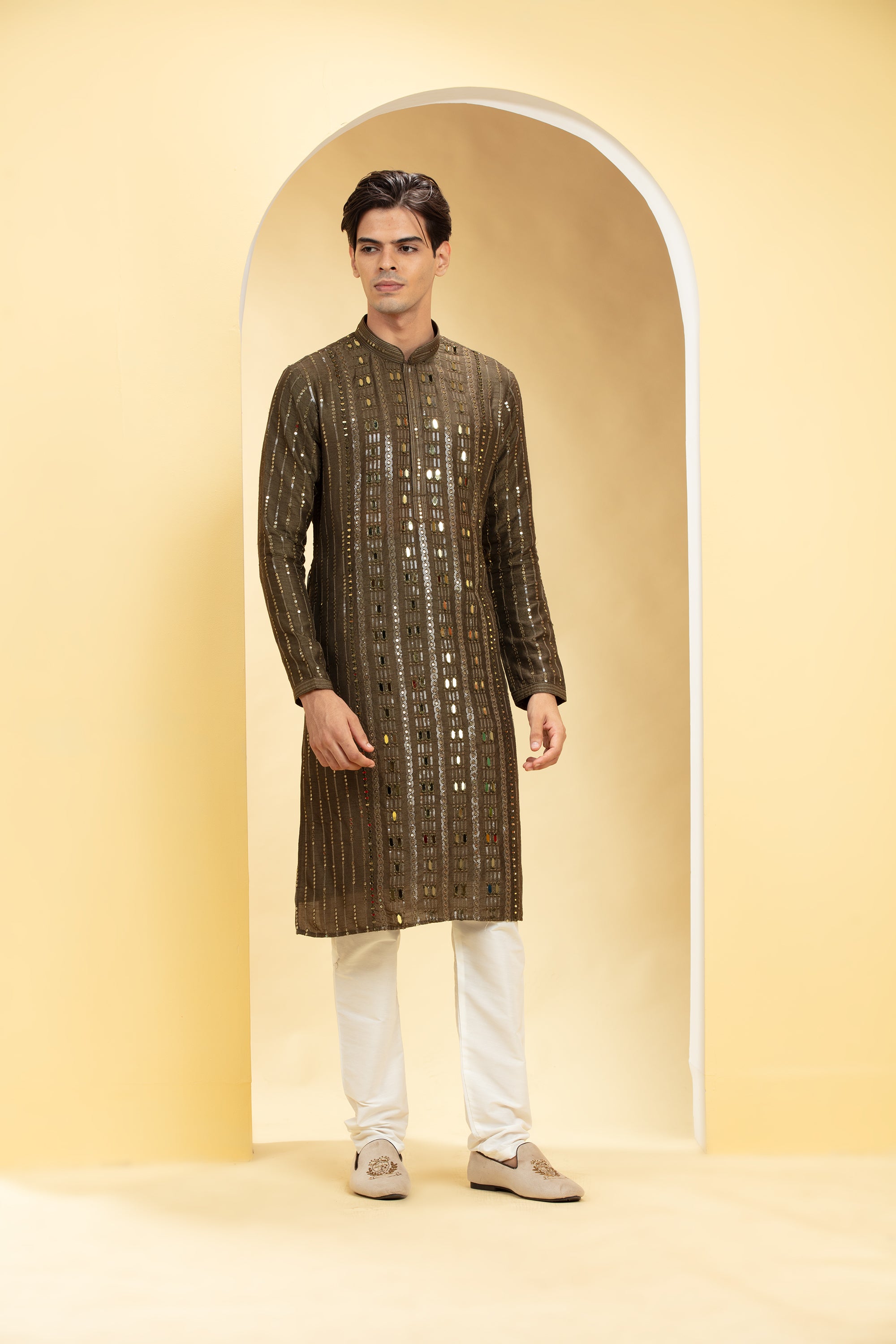 Mehendi Green Lucknowi kurta pajama Set with Sequins and Thread work