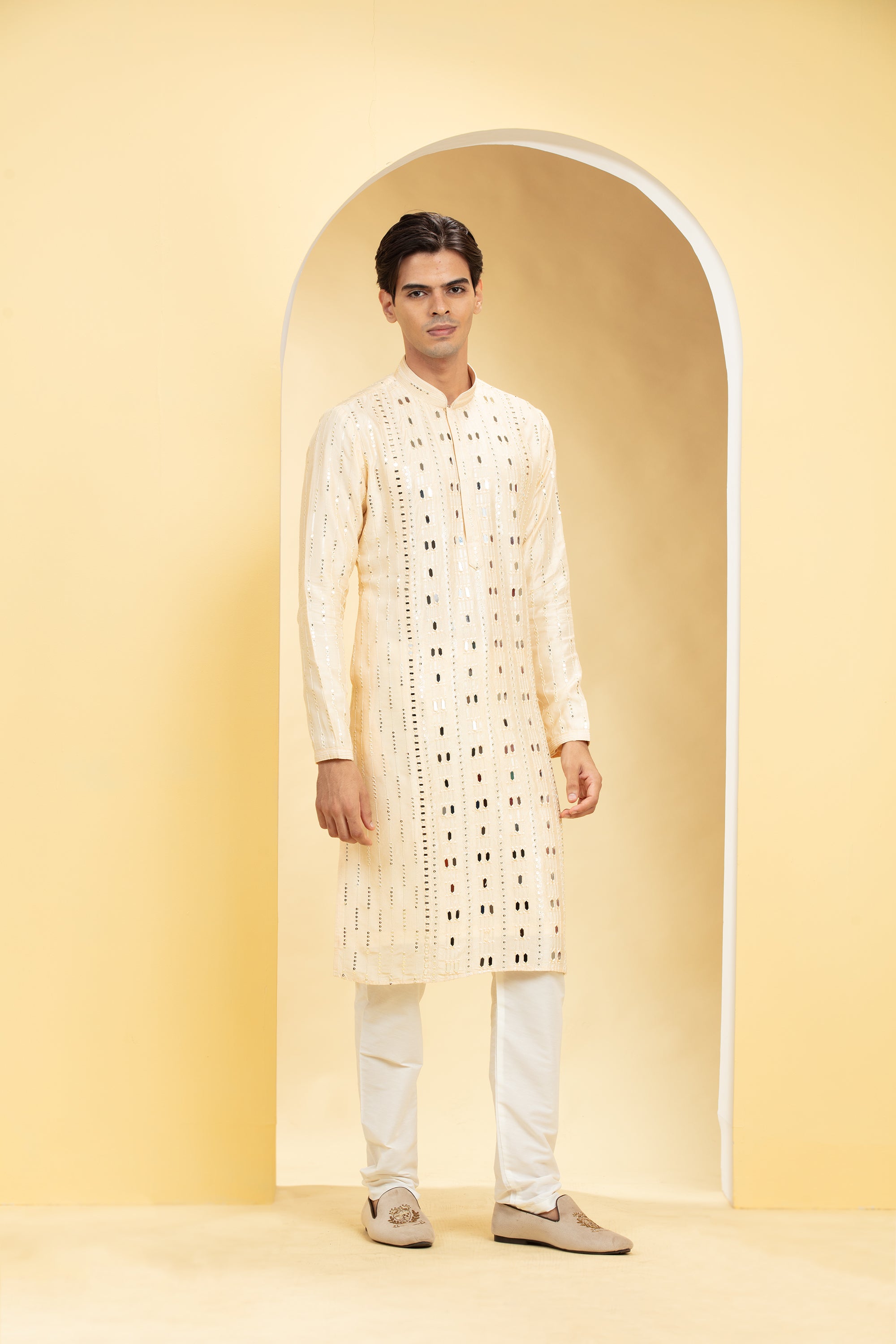 Champagne yellow Lucknowi kurta pajama Set with Mirror and Thread work