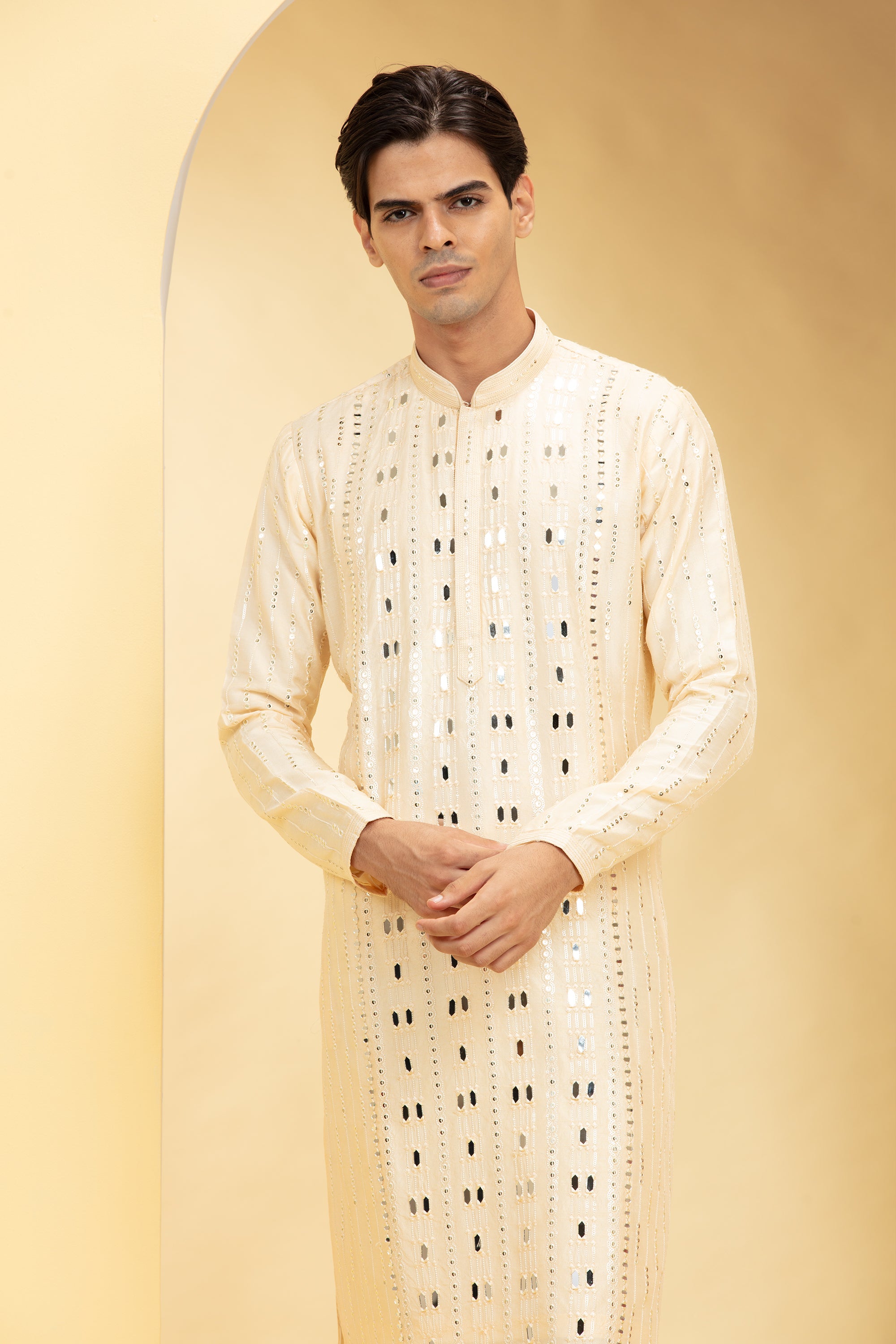 Champagne yellow Lucknowi kurta pajama Set with Mirror and Thread work