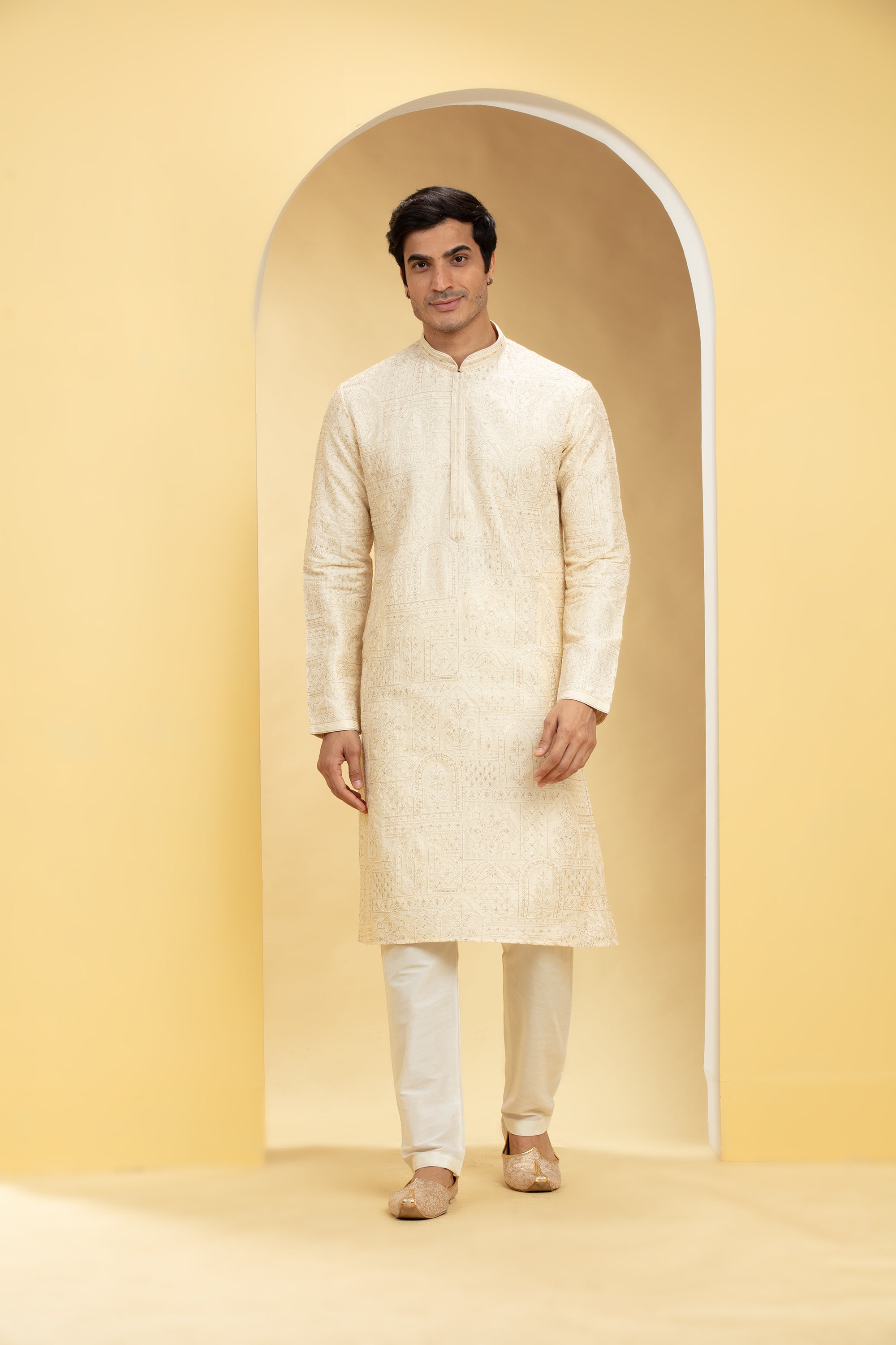 Cream White Silk kurta pajama set with self thread work