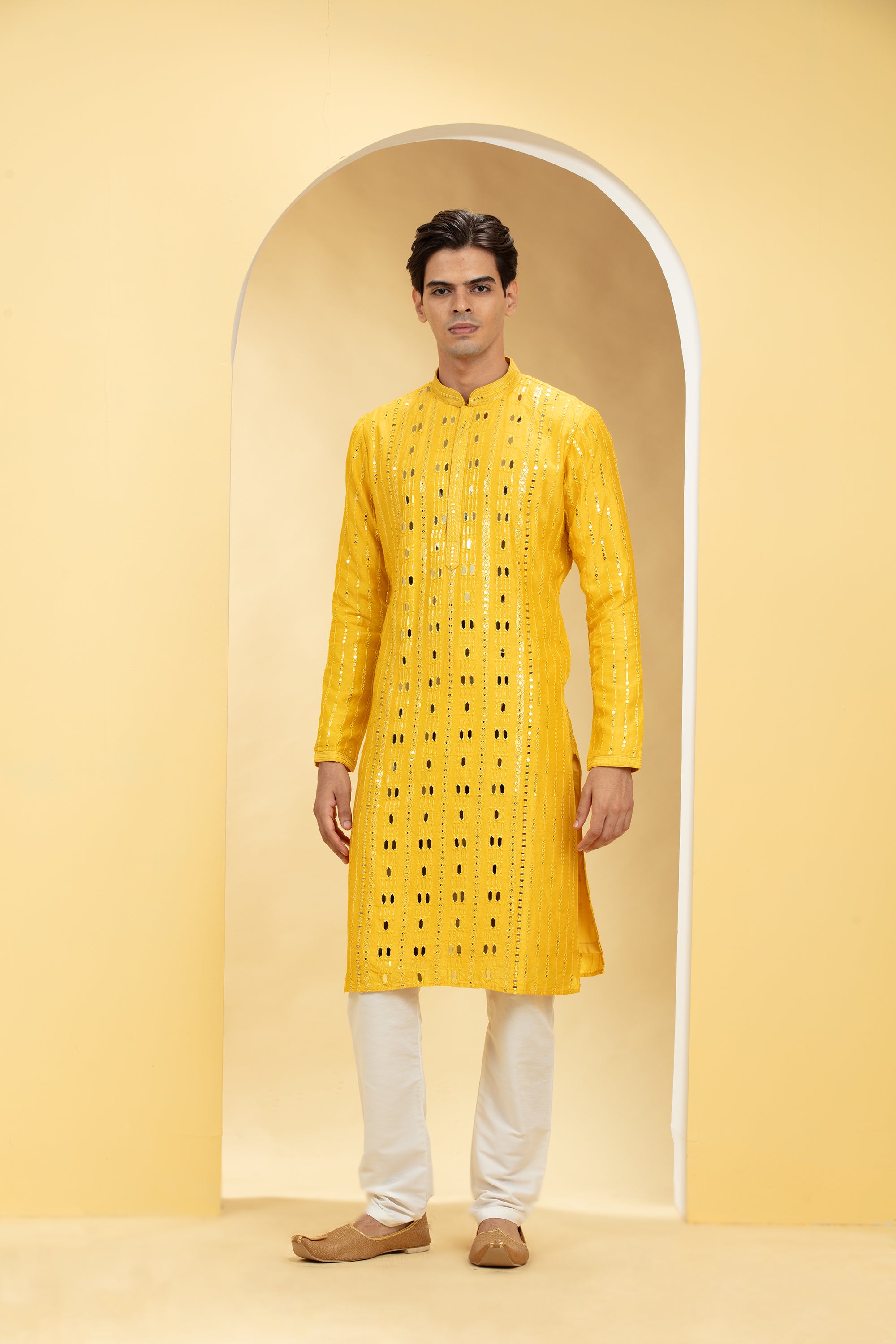 Tuscany Yellow Lucknowi kurta pajama Set with Mirror and Thread work