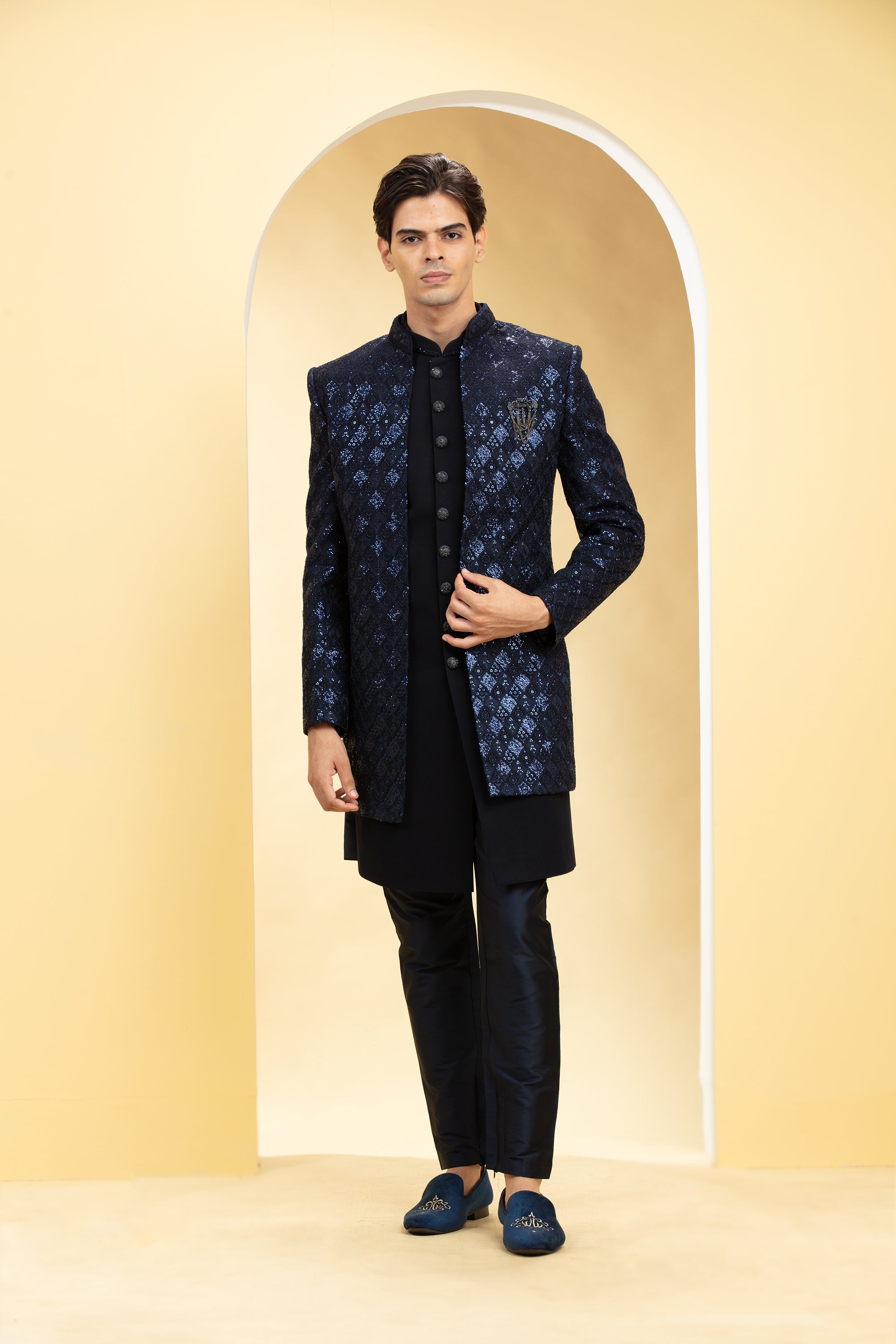 Deep Blue Open Indo Western jacket set with metal buttons