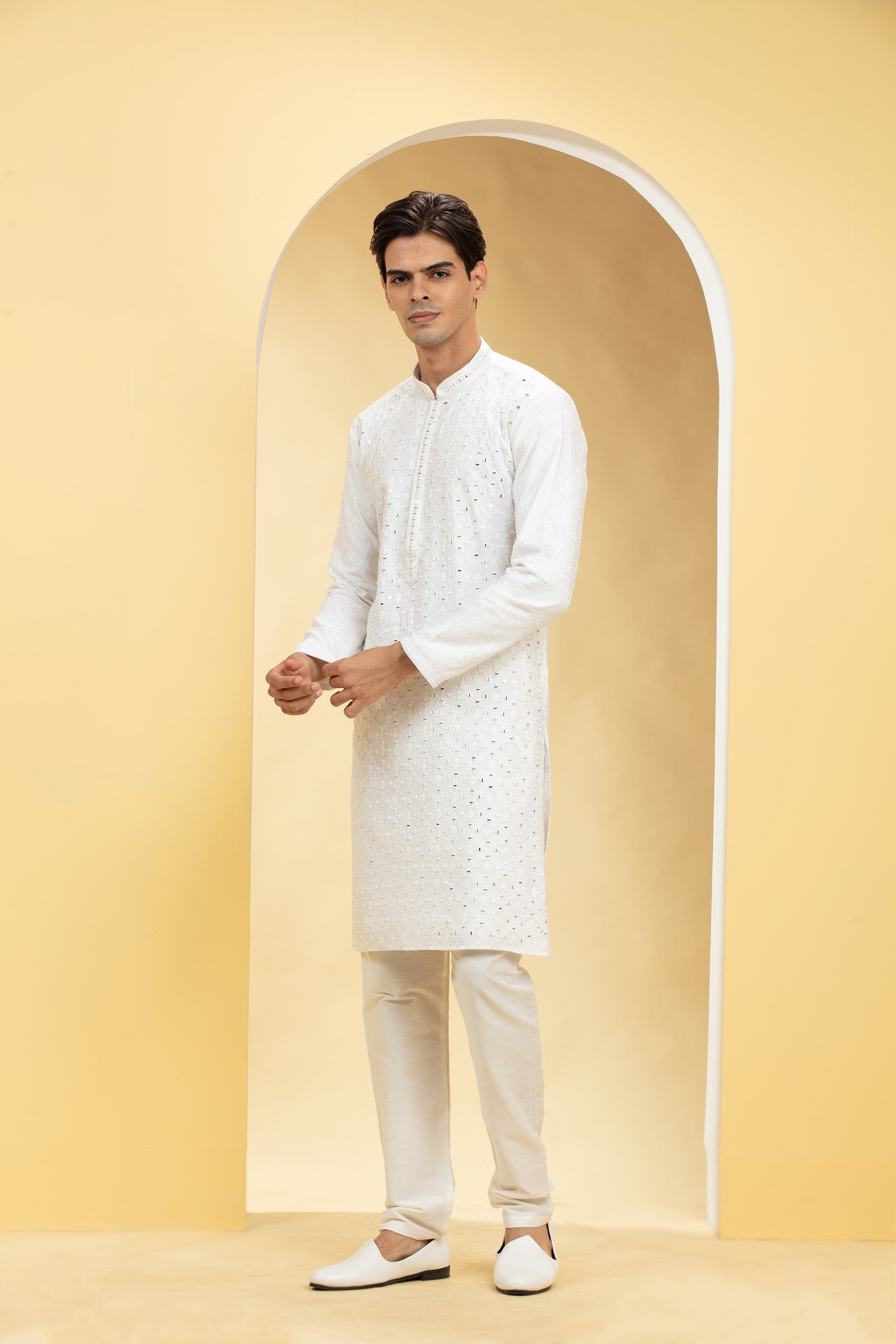 Milky White Lucknowi kurta pajama Set with Mirror and Thread work