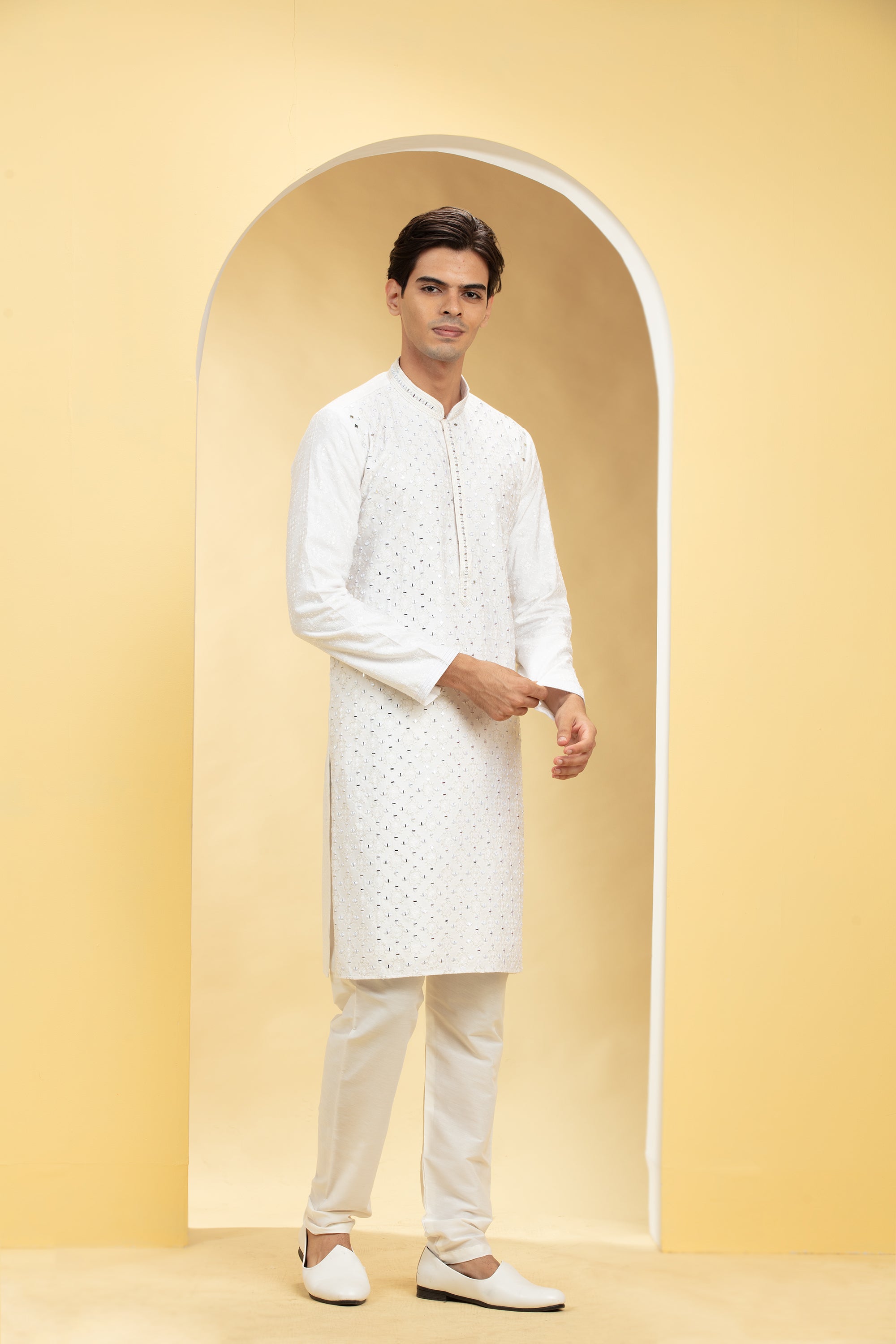 Milky White Lucknowi kurta pajama Set with Mirror and Thread work