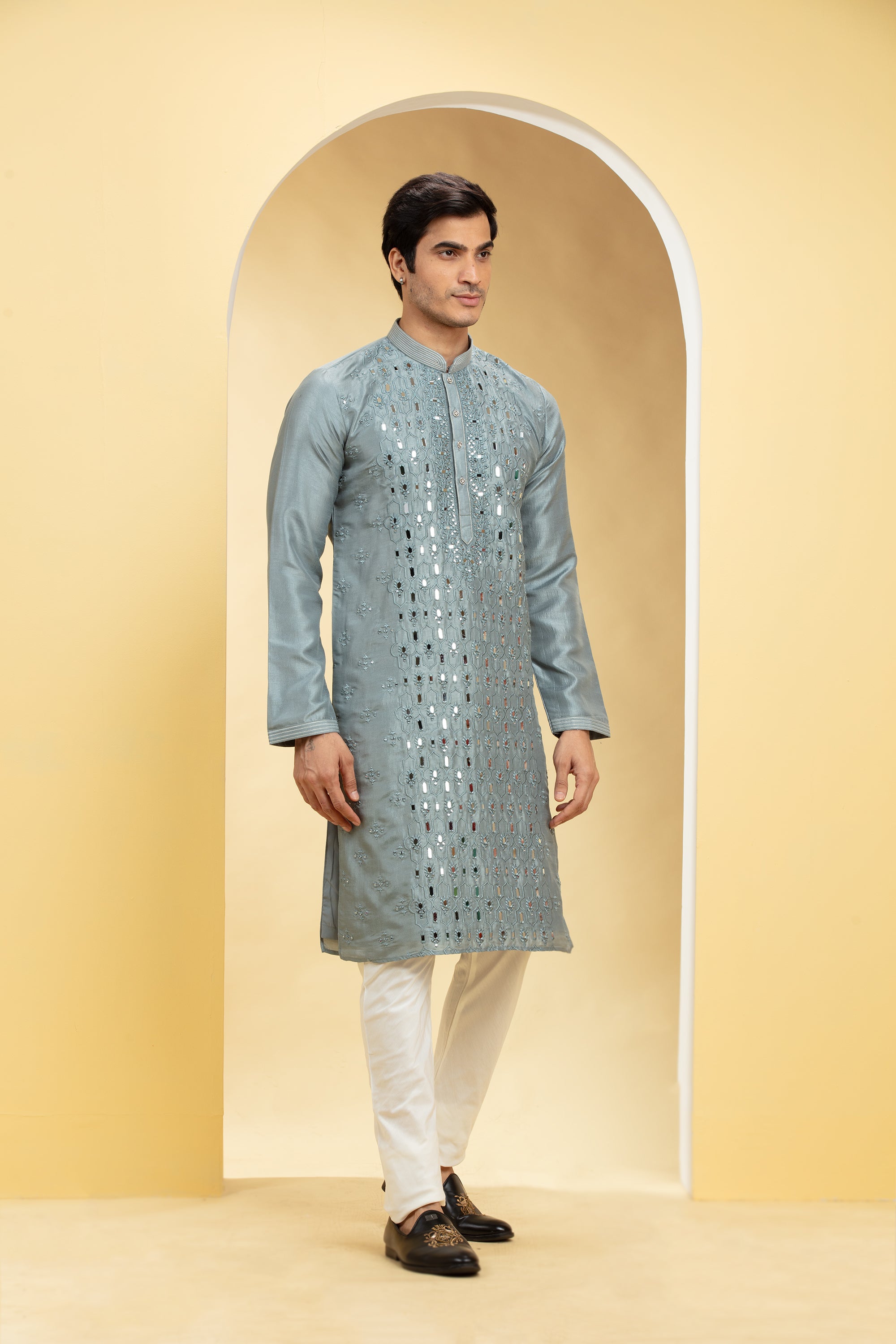 Slate Grey Lucknowi kurta pajama Set with Mirror and Thread work