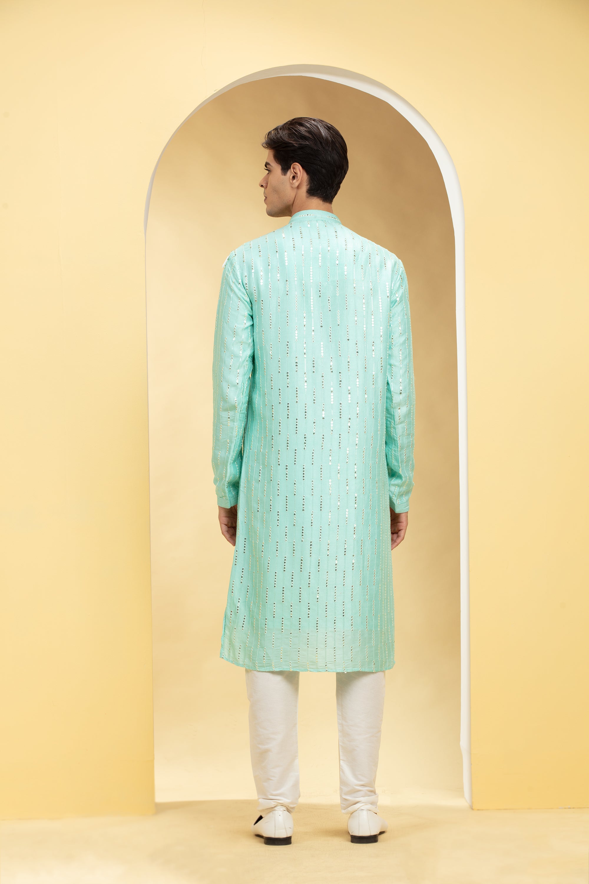 Light turquoise Lucknowi kurta pajama Set with Mirror and Thread work