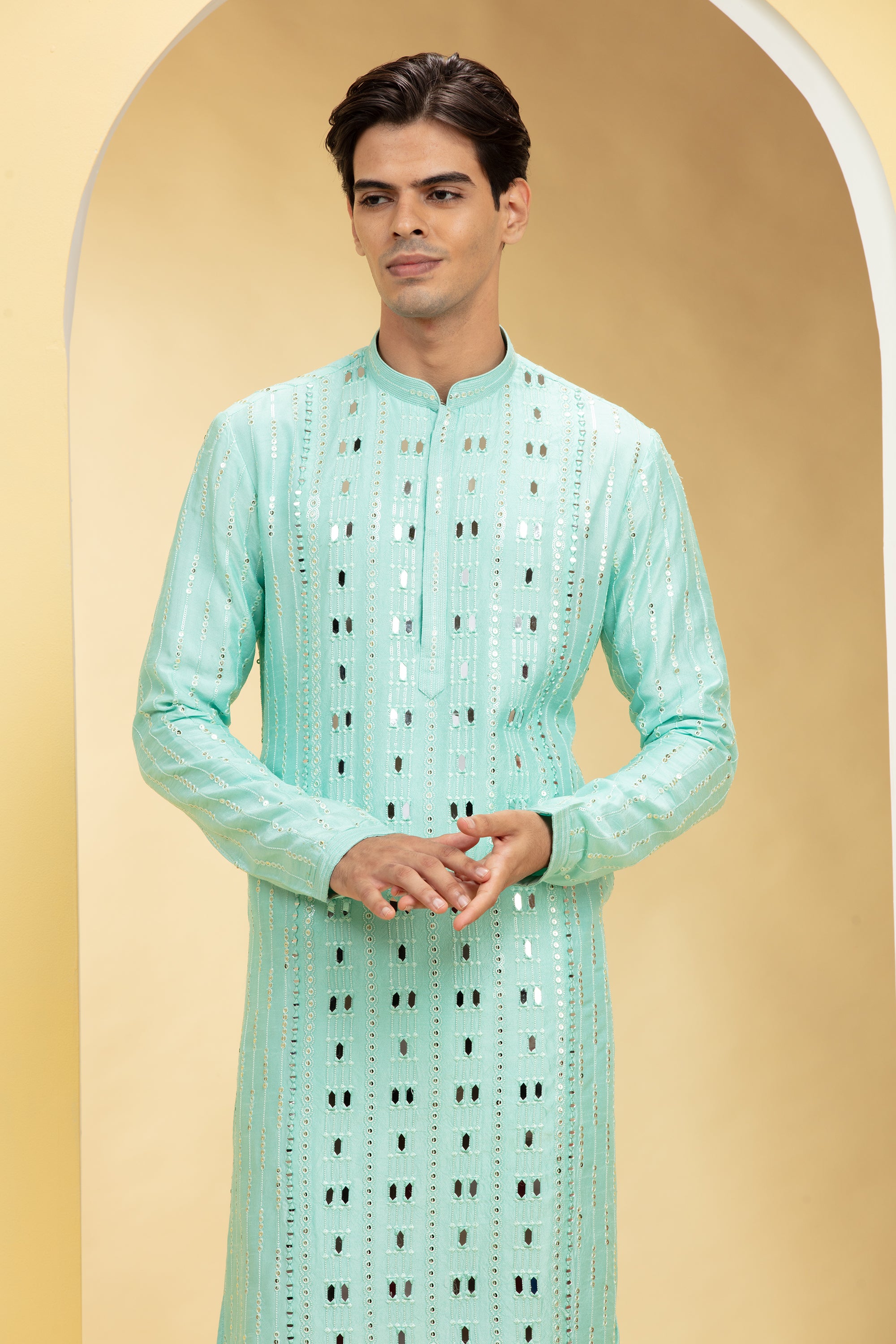 Light turquoise Lucknowi kurta pajama Set with Mirror and Thread work