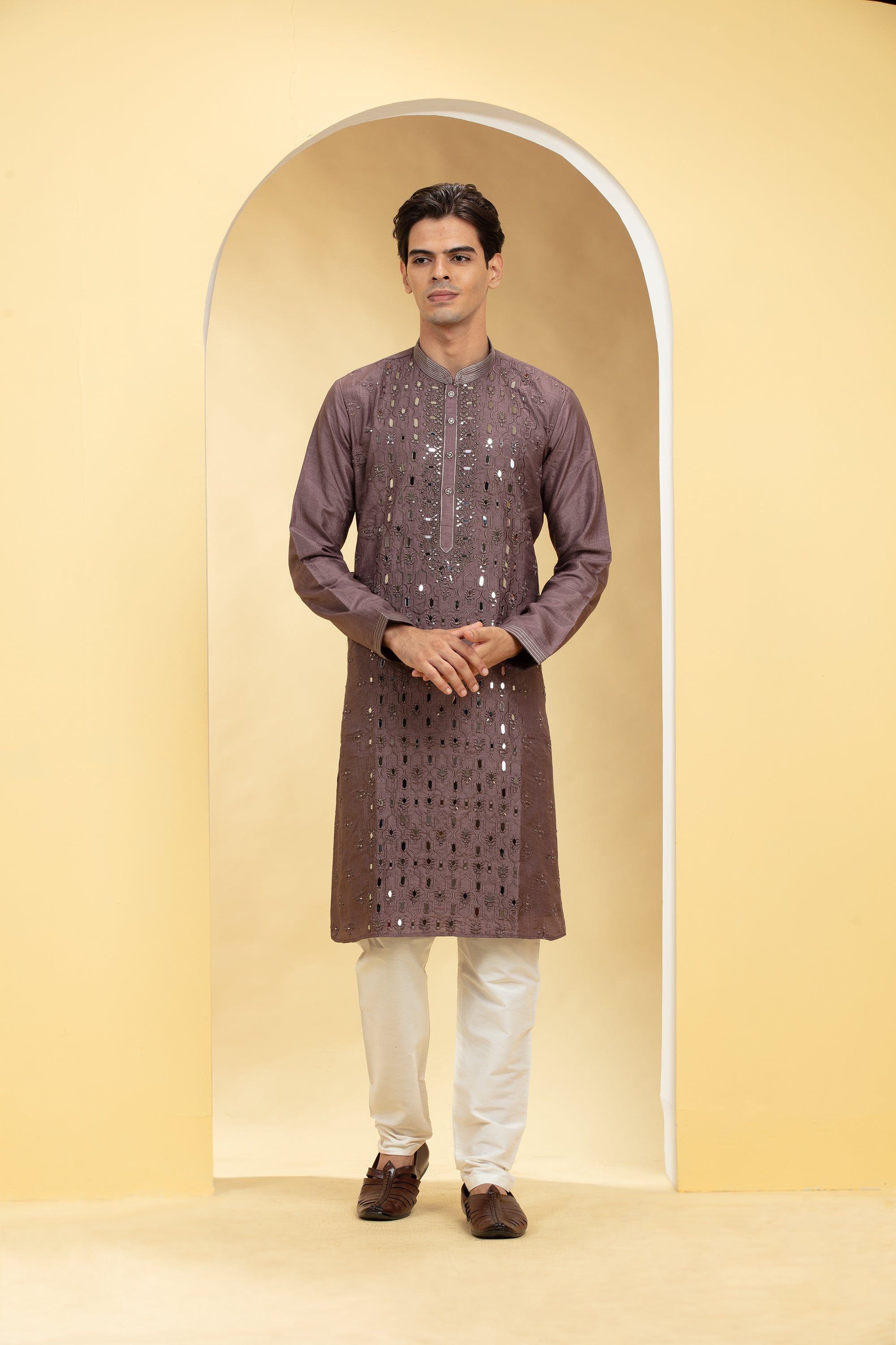 Umber brown Lucknowi kurta pajama Set with Mirror and Thread work