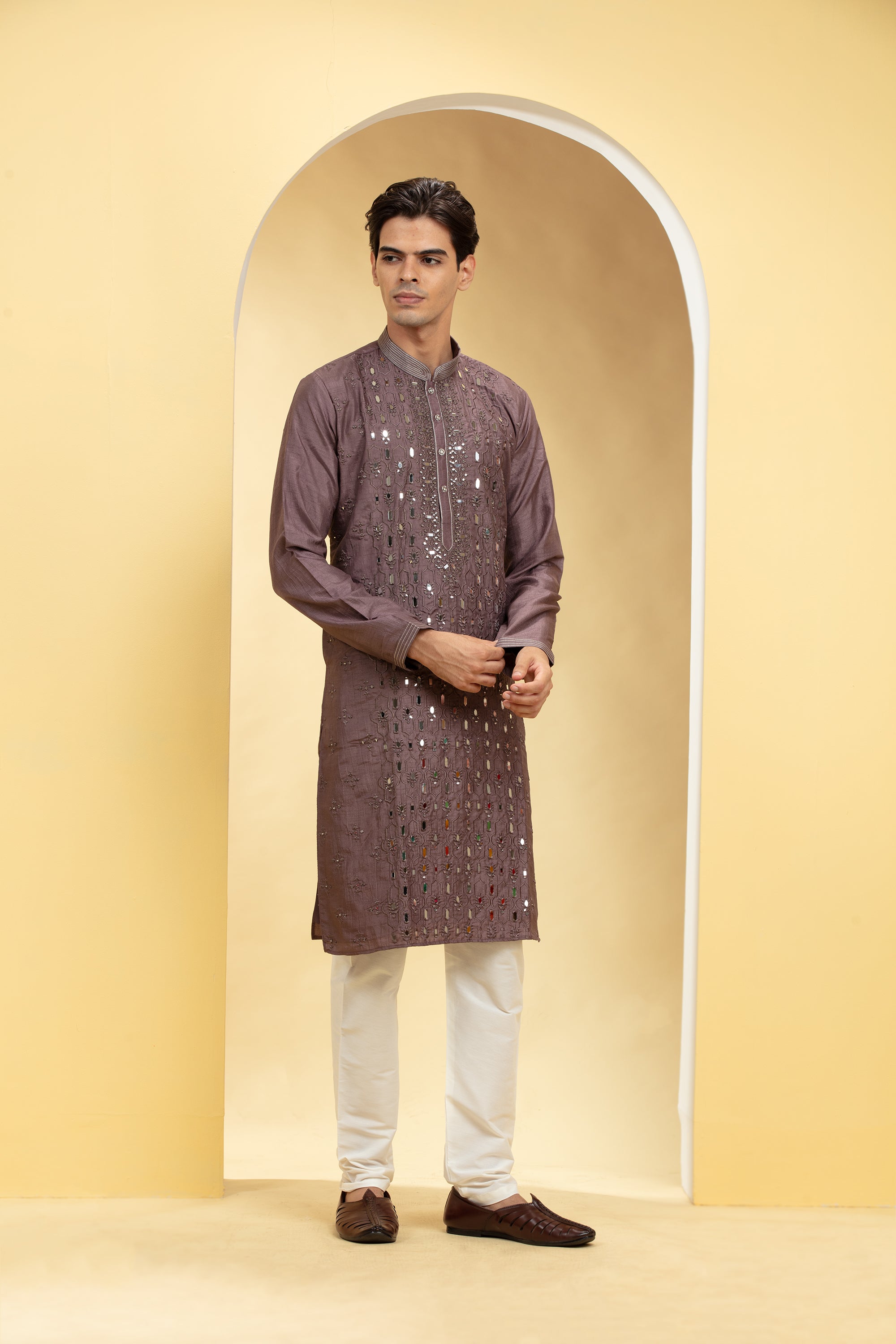 Umber brown Lucknowi kurta pajama Set with Mirror and Thread work