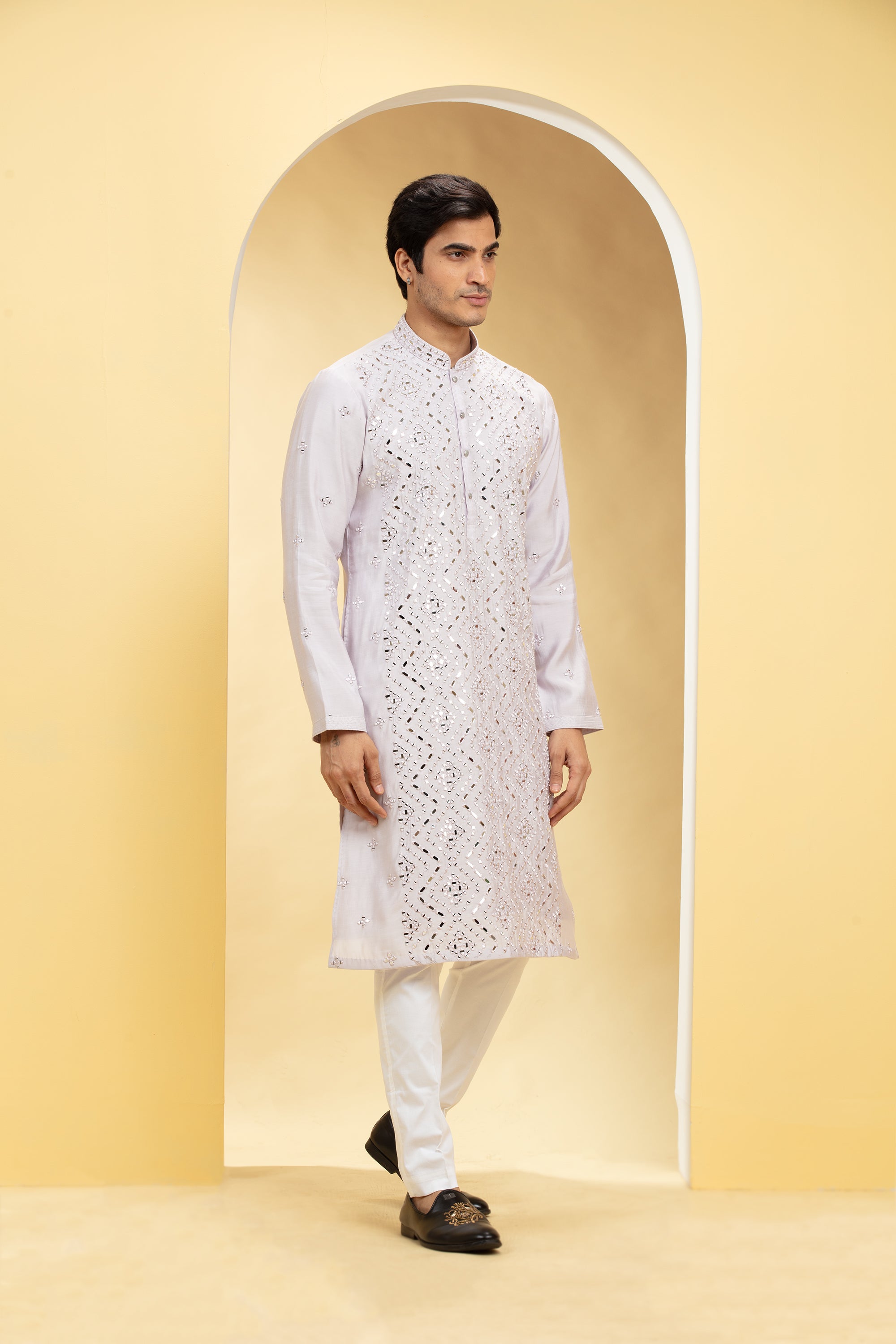 Platinum white  Lucknowi kurta pajama Set with Mirror and Thread work