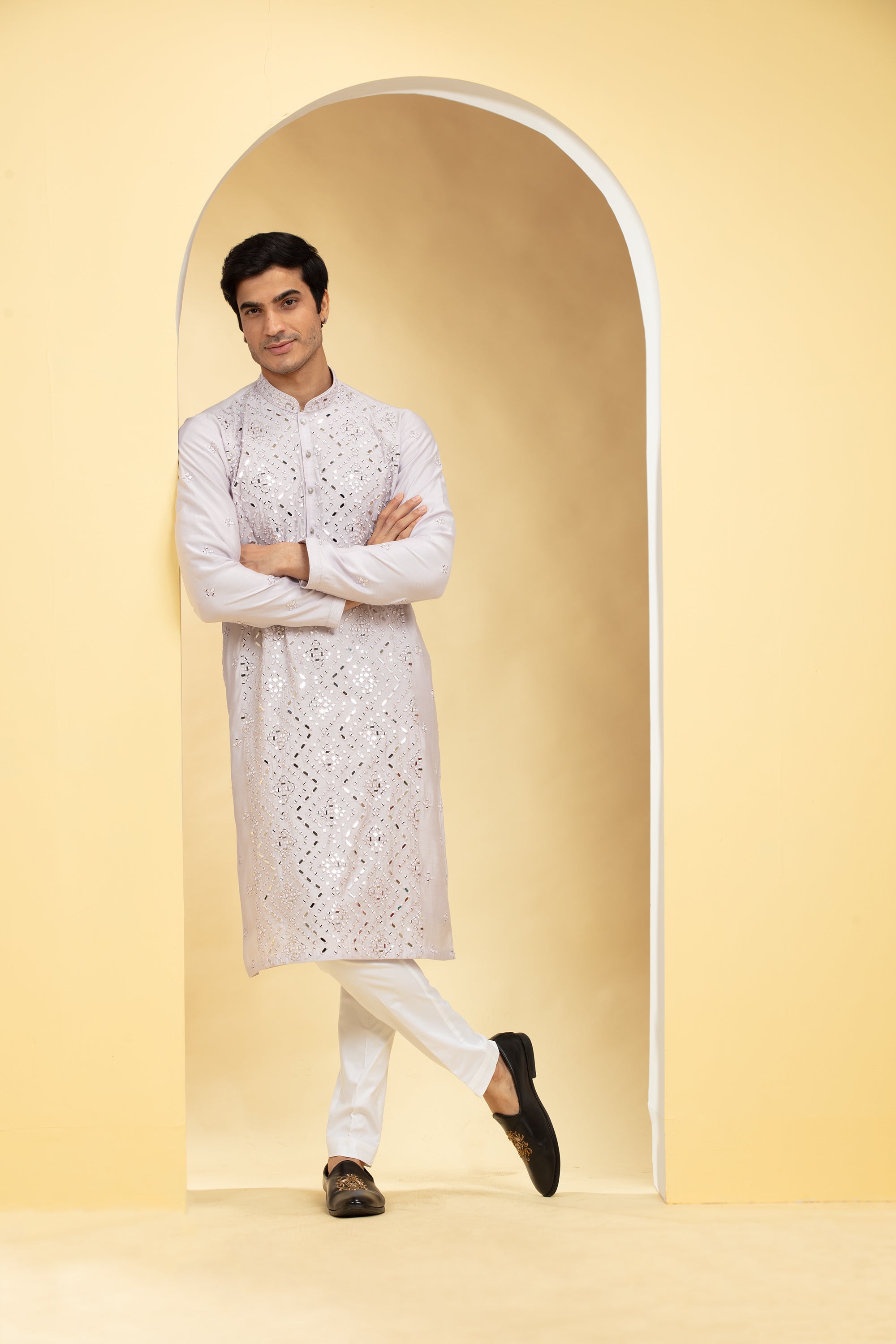 Platinum white  Lucknowi kurta pajama Set with Mirror and Thread work