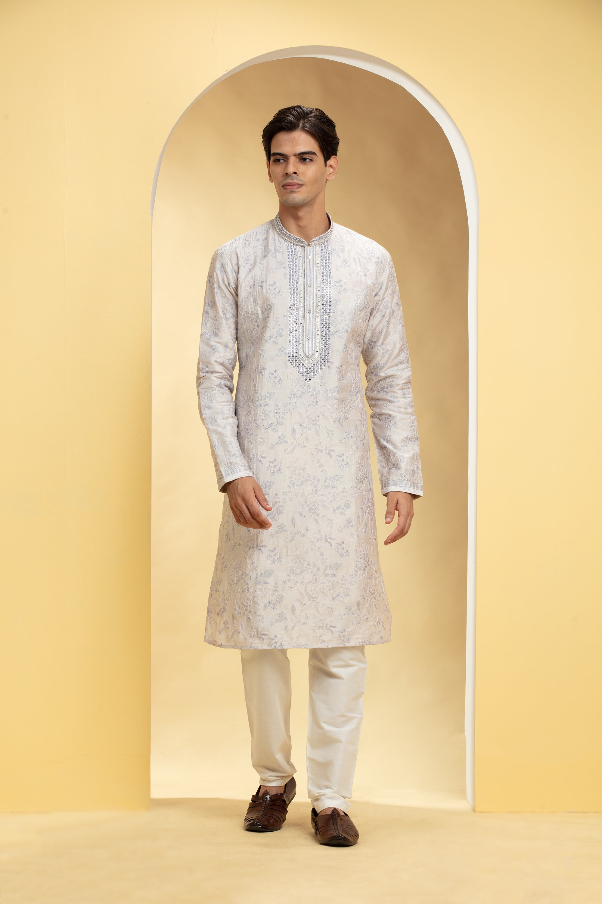 Dove white  Lucknowi kurta pajama Set with Mirror and Thread work
