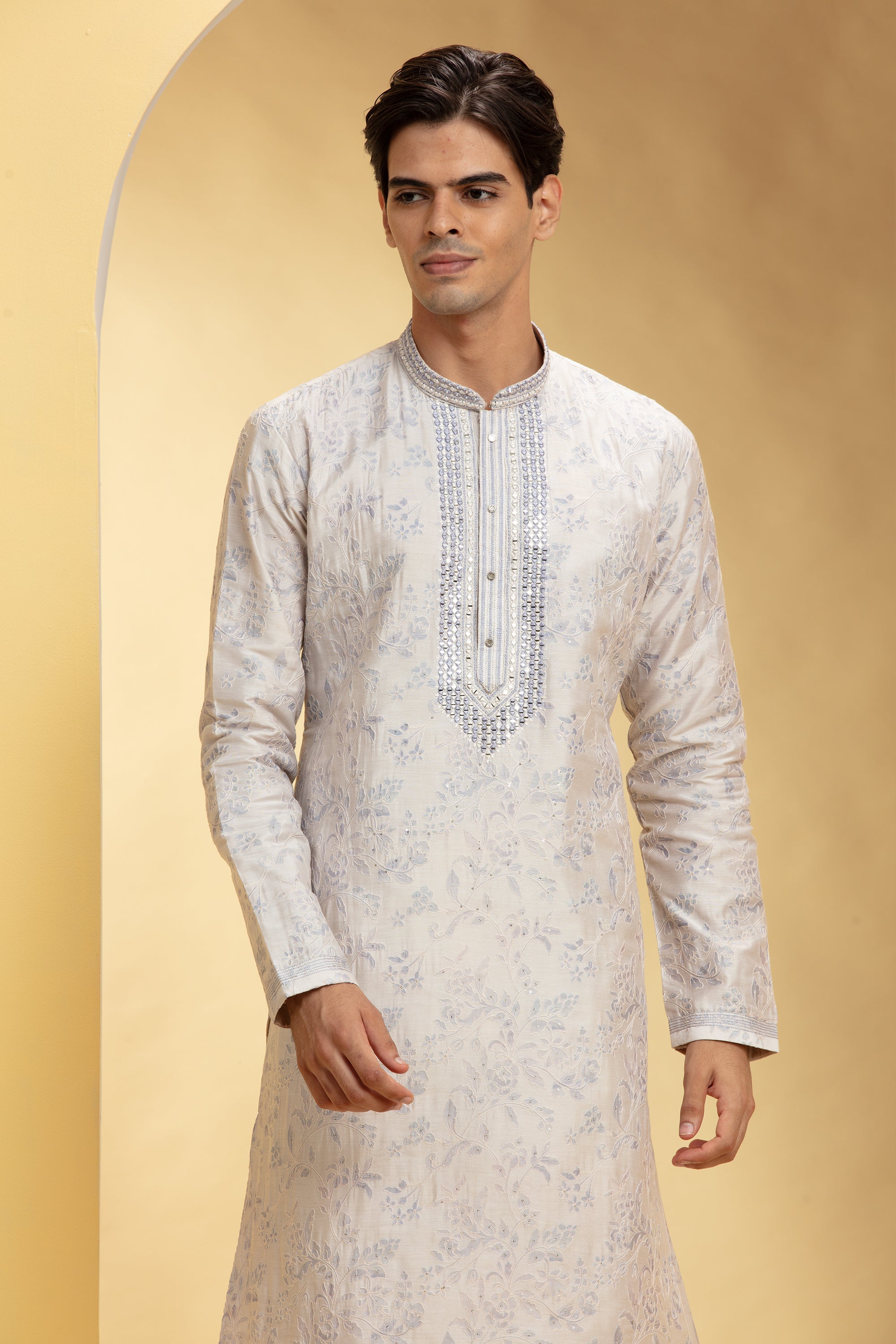 Dove white  Lucknowi kurta pajama Set with Mirror and Thread work