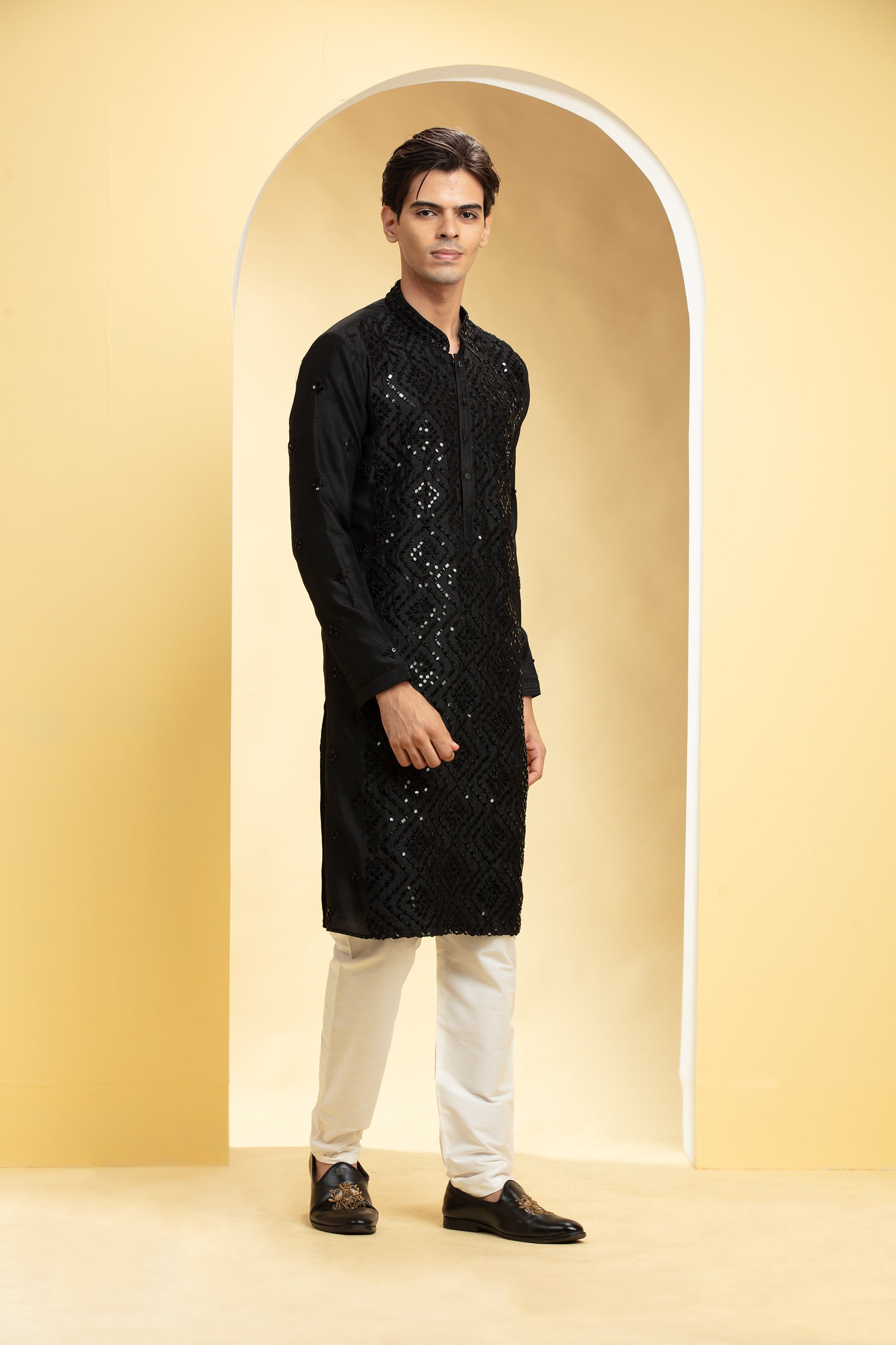 Coal Black Lucknowi kurta pajama Set with Mirror and sequin work