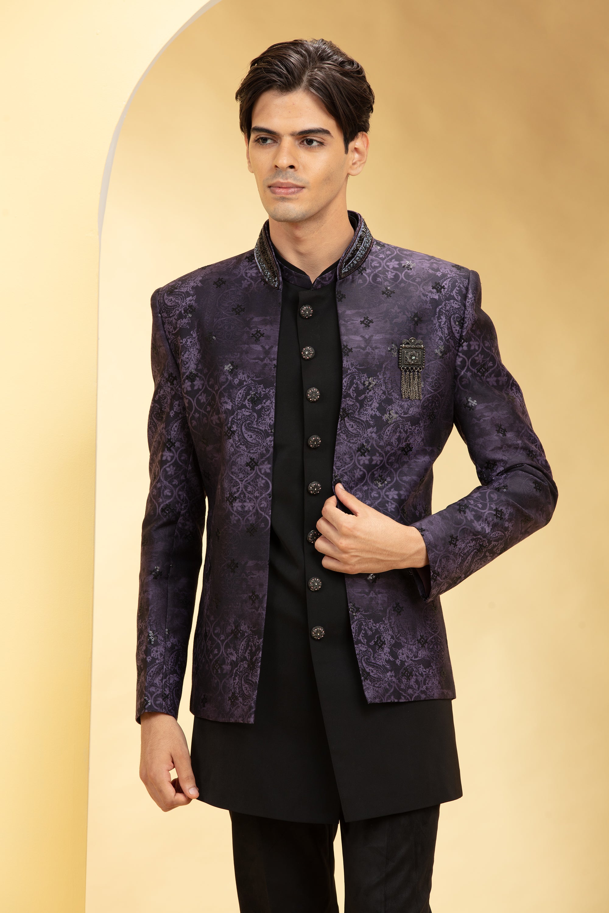 Eggplant purple Open Jodhpuri Set with metal buttons and silver brooch