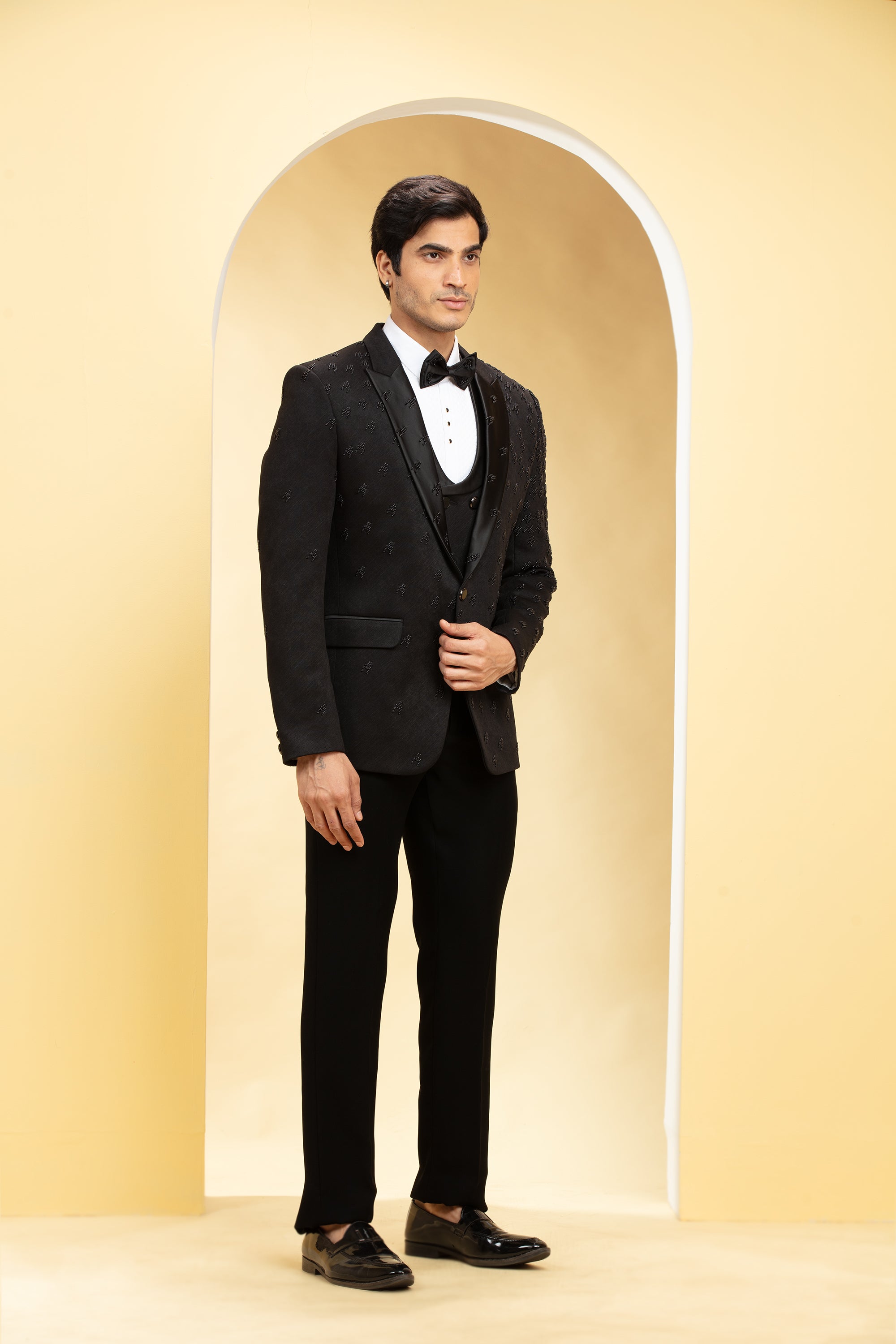 Raven Black Suede Tuxedo Set and Bow tie with Self cutdana work