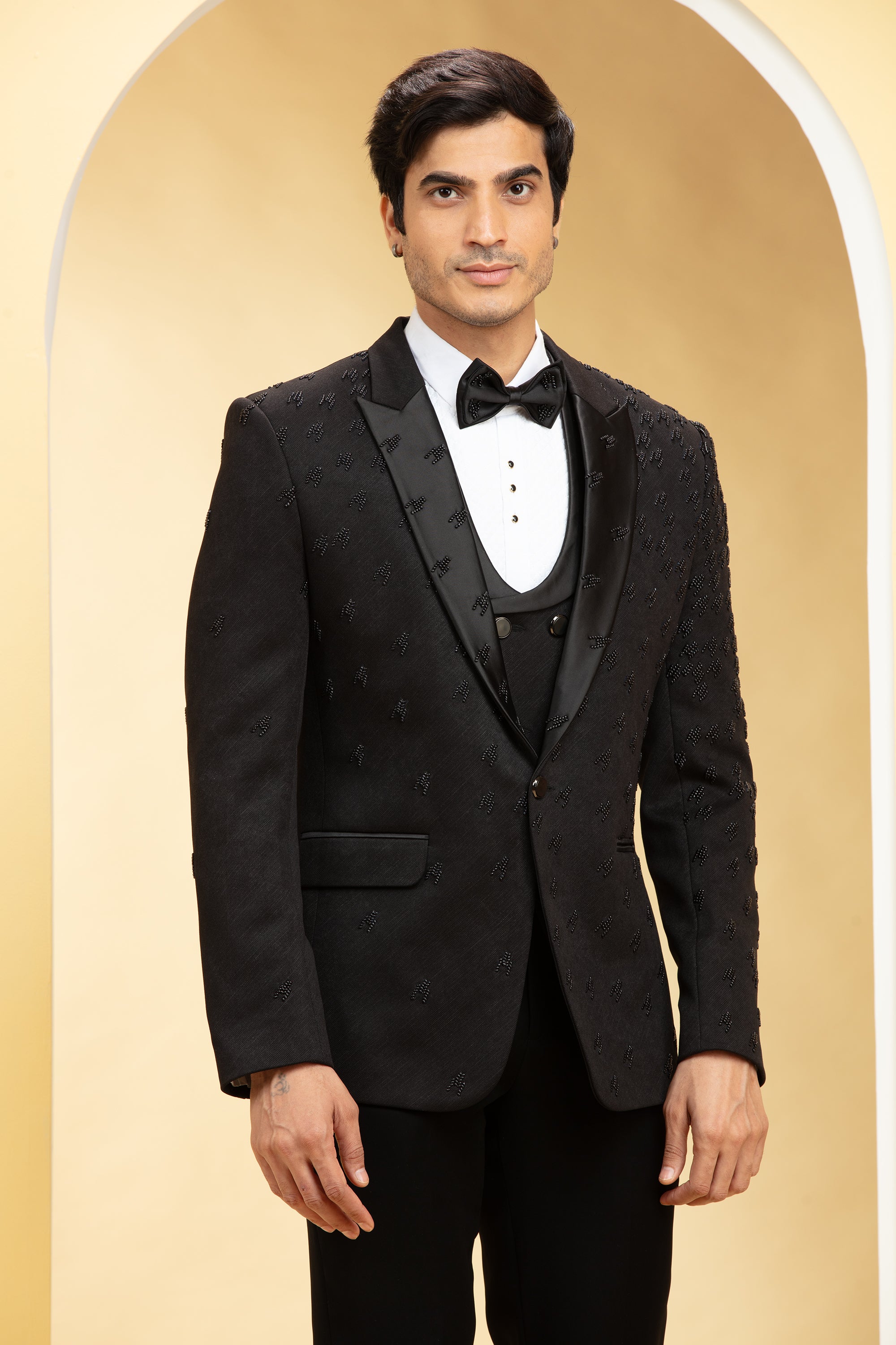 Raven Black Suede Tuxedo Set and Bow tie with Self cutdana work