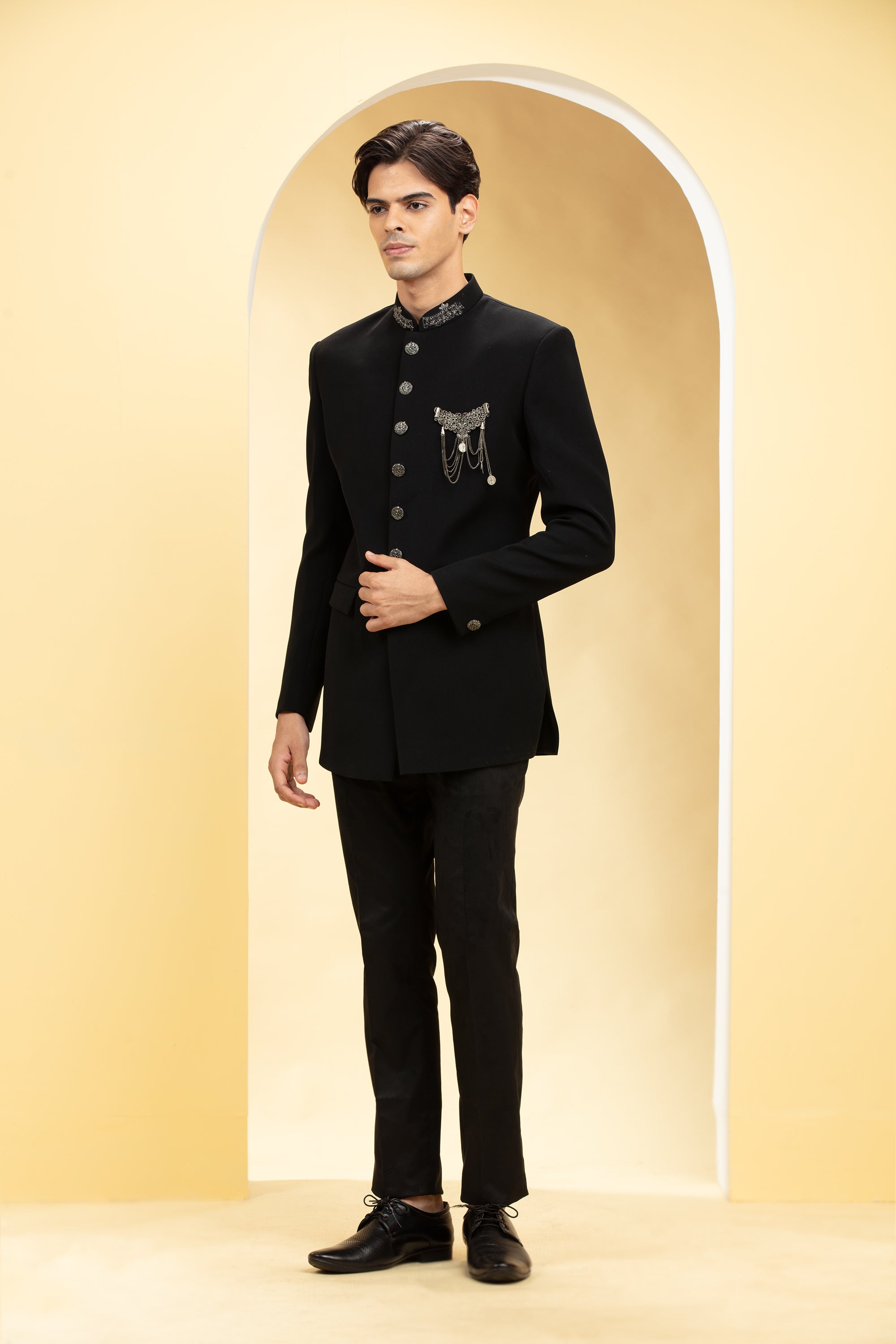 Jet Black Suede Tuxedo Set with Self cutdana work and brooch