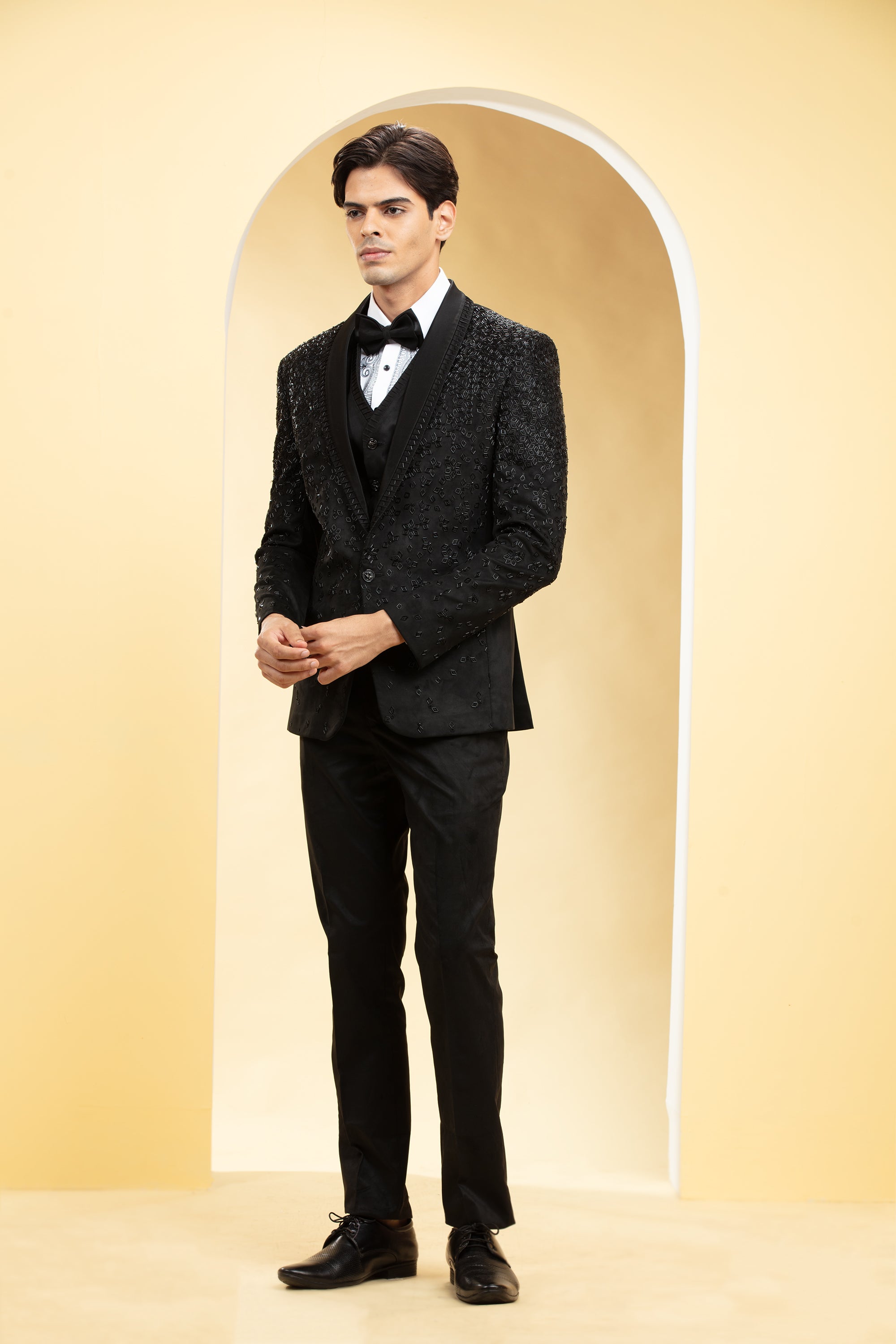 Coal Black Suede Tuxedo Set and Bow tie with Self cutdana work