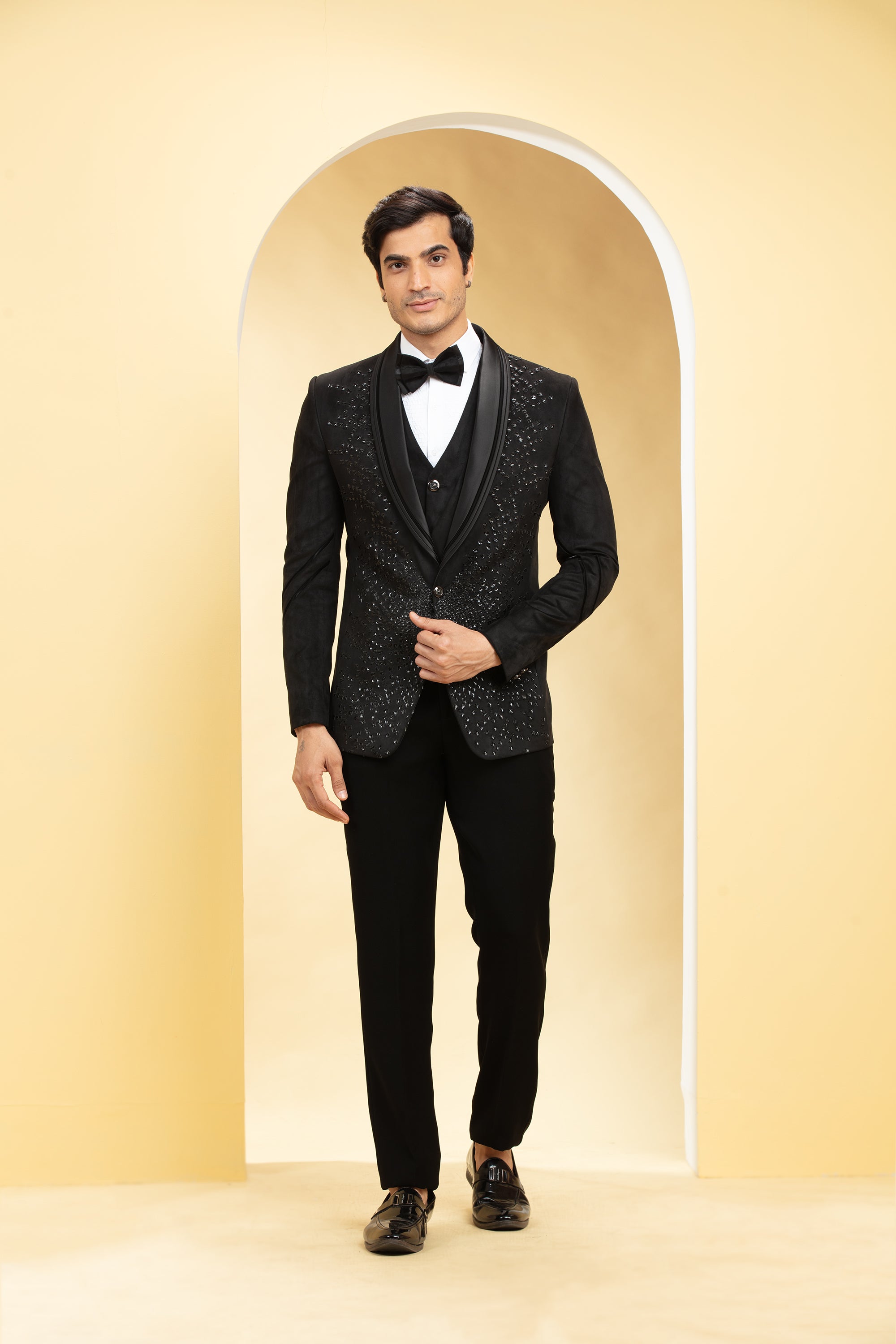 Sable Black Suede Tuxedo Set and Bow tie with Self cutdana work